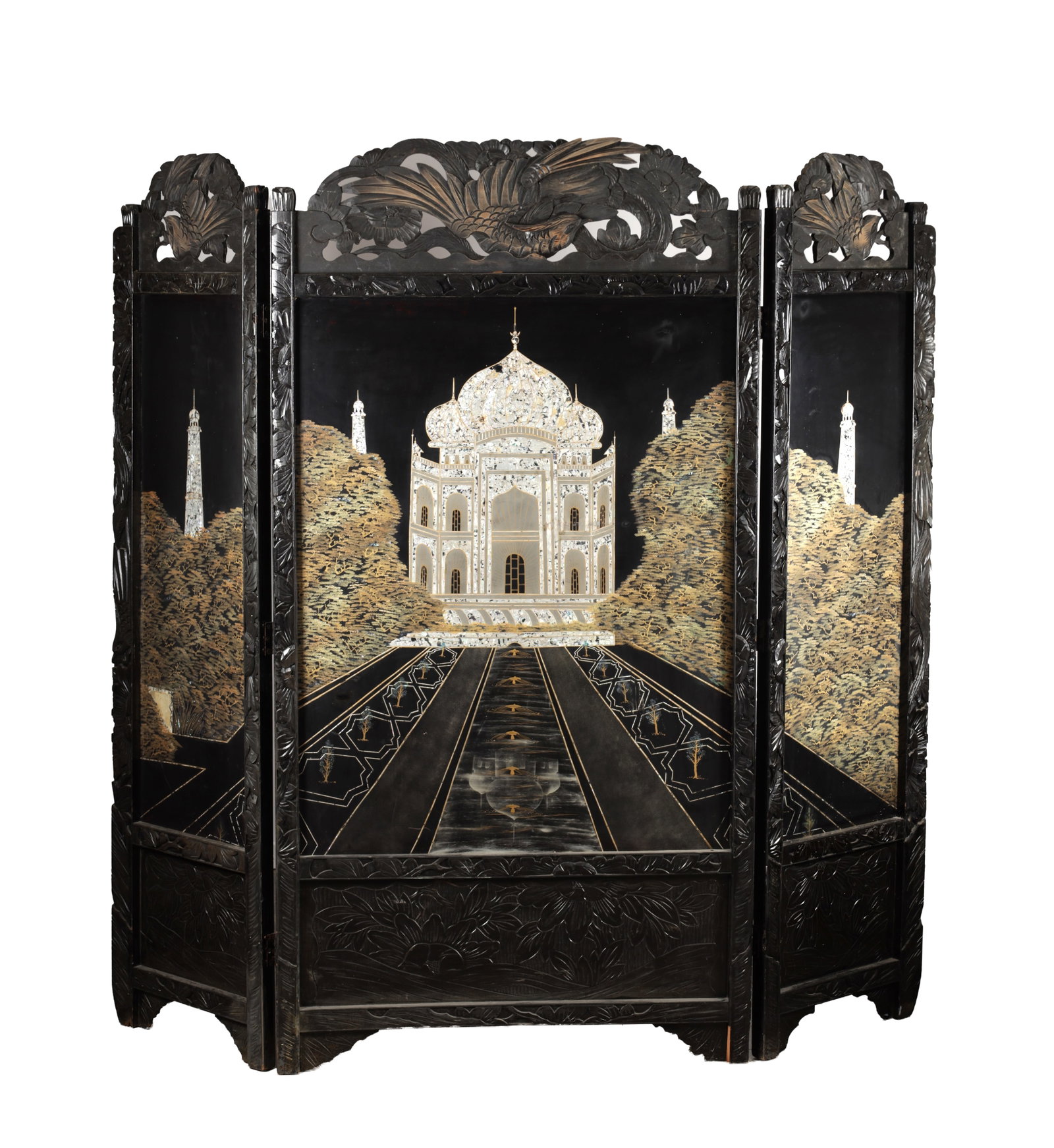 A 19TH CENTURY INDIAN EBONISED AND MOTHER OF PEARL INLAID HINGED SCREEN (1 of 13)