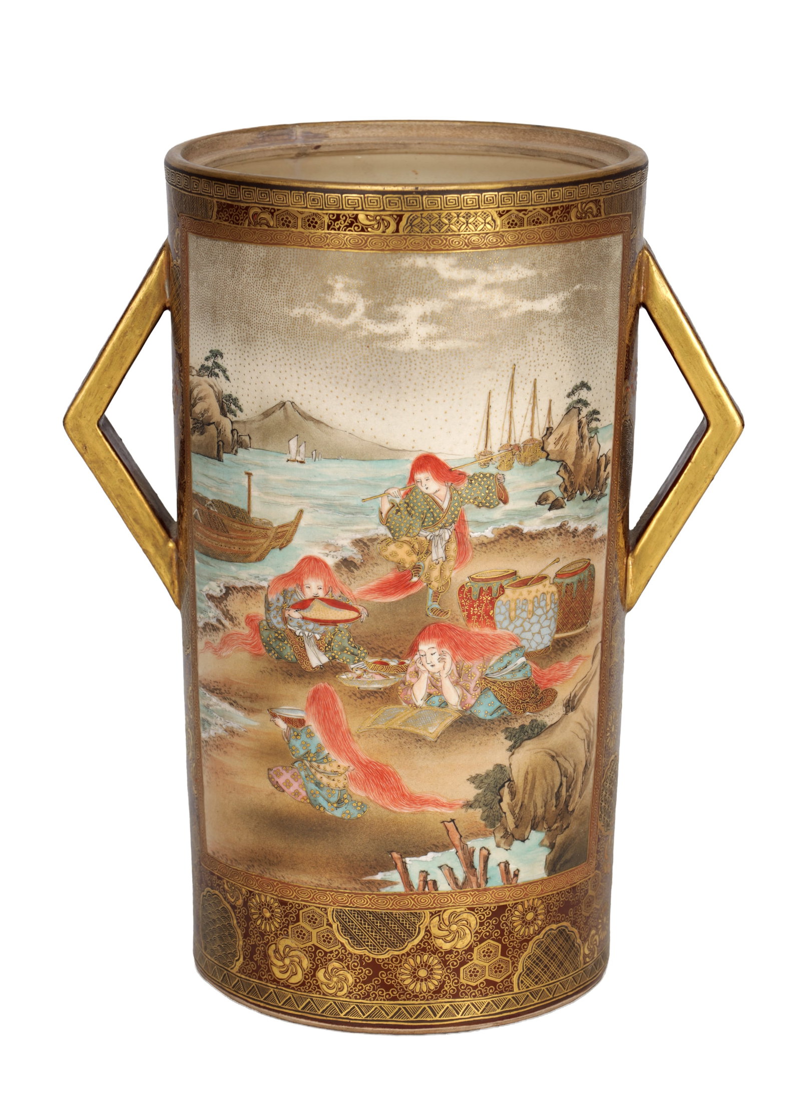 A JAPANESE MEIJI PERIOD SATSUMA CYLINDRICAL TWO HANDLED VASE (1 of 9)