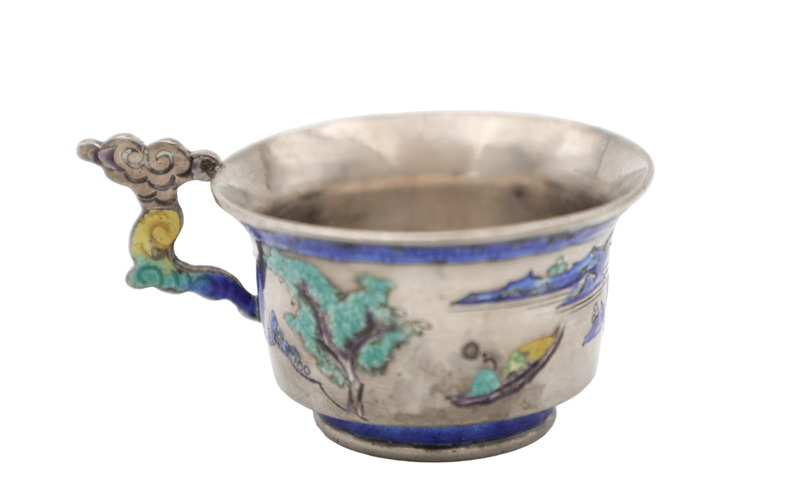 A CHINESE SILVER AND ENAMEL HANDLED CUP: A CHINESE SILVER AND ENAMEL HANDLED CUP of flared form with everted rim and short stepped foot, the body enamelled with river landscape and boats with a ruyi-form polychrome enamel handle, hallmarked 