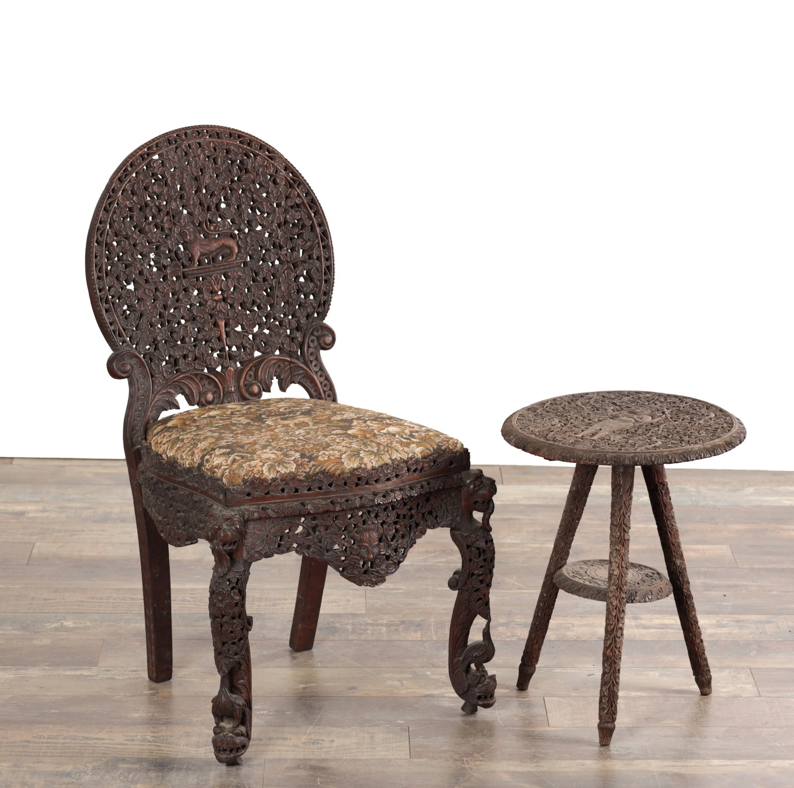 A 19TH CENTURY ANGLO INDIAN CARVED HARDWOOD CHAIR AND MATCHING TABLE (1 of 9)