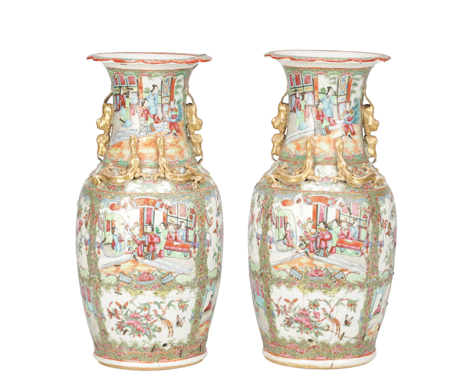 A PAIR OF 19TH CENTURY CHINESE CANTON FAMILLE ROSE PORCELAIN VASES: A PAIR OF 19TH CENTURY CHINESE CANTON FAMILLE ROSE PORCELAIN VASES each of baluster form with everted rims, applied gilt Buddhist lion handles and moulded chilong to the shoulders, richly enamelled wi