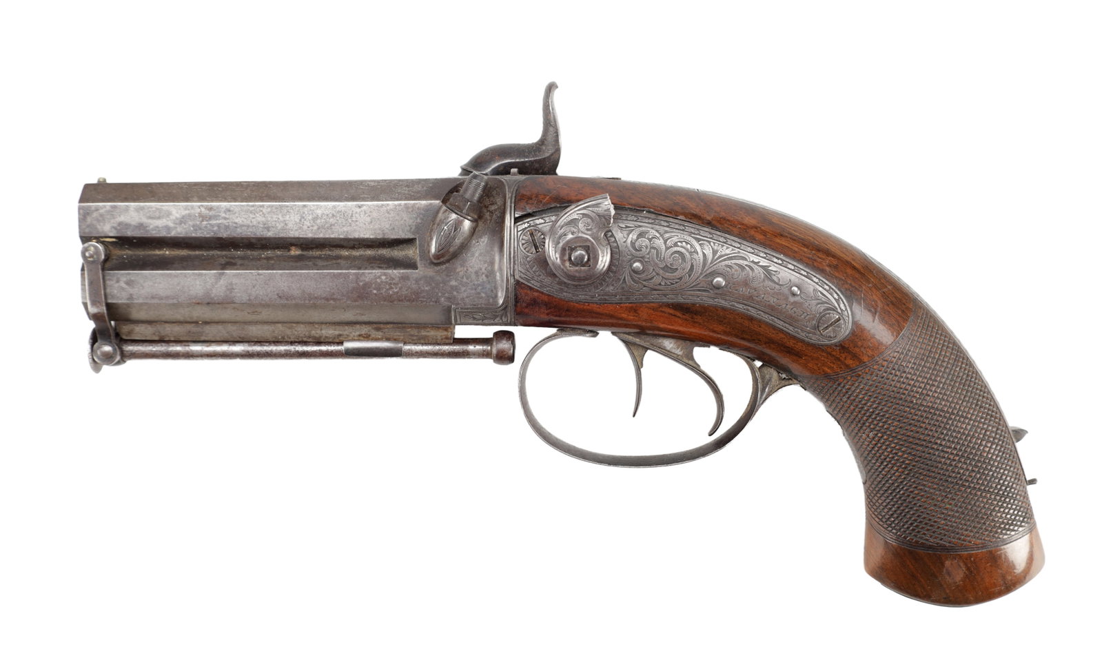 A 19TH CENTURY IRISH PERCUSSION OVER AND UNDER DOUBLE BARRELLED PISTOL BY KAVANAGH, 11 DAME ST. (1 of 10)