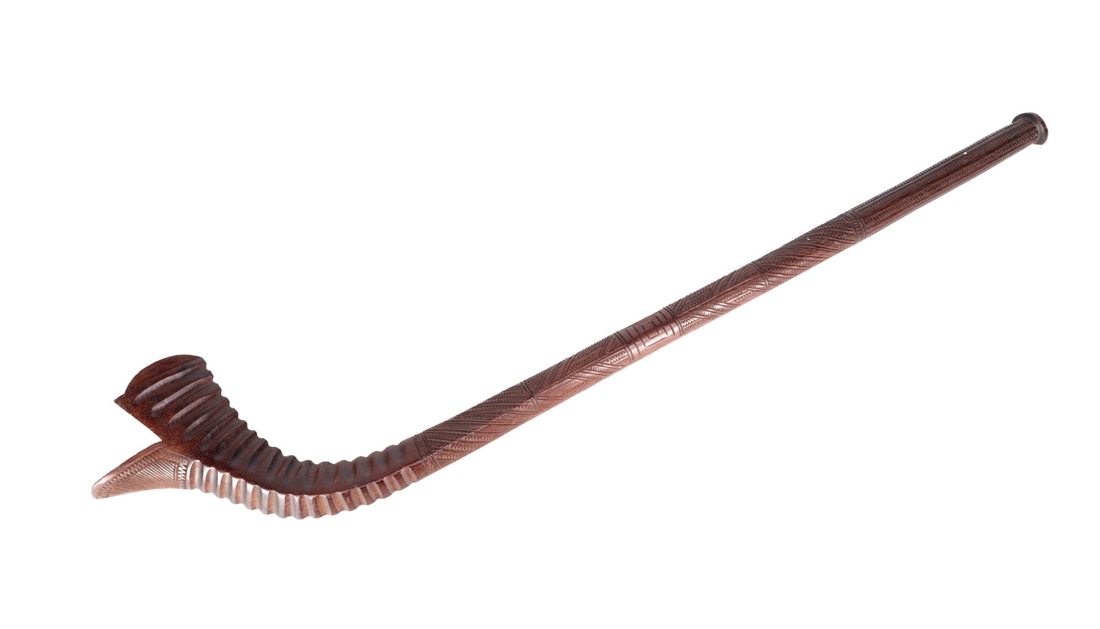 A FIJIAN CARVED HARDWOOD GATA FIGHTING CLUB: A FIJIAN CARVED HARDWOOD GATA FIGHTING CLUB with a ridged curved head and beaked spur, the long tapering shaft finely incised with chevron and cross-hatched decoration and a ring-lipped terminal. (103