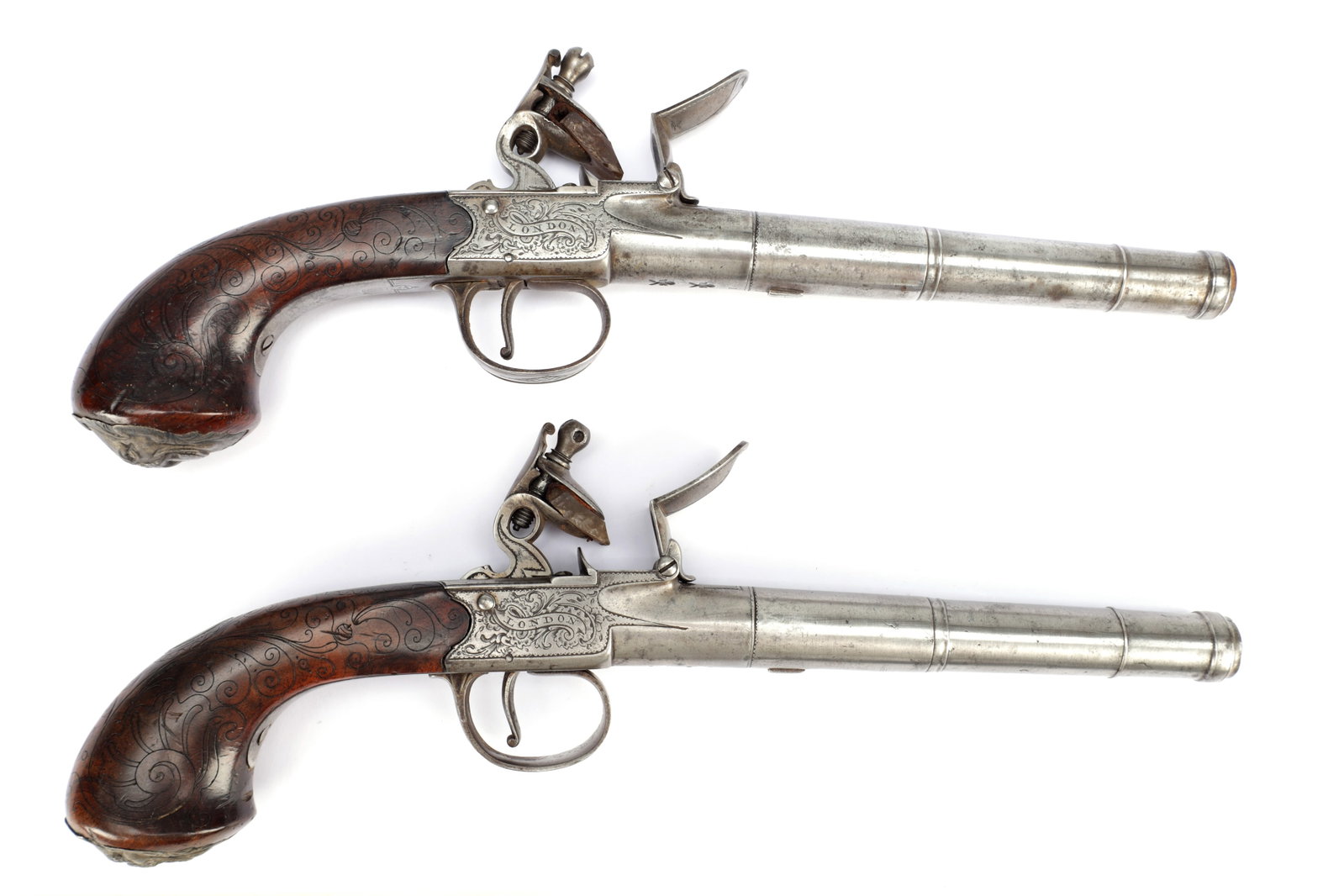 A PAIR OF 18TH CENTURY ENGLISH SILVER MOUNTED QUEEN ANNE FLINTLOCK PISTOLS BY BUNNEY, LONDON (1 of 12)