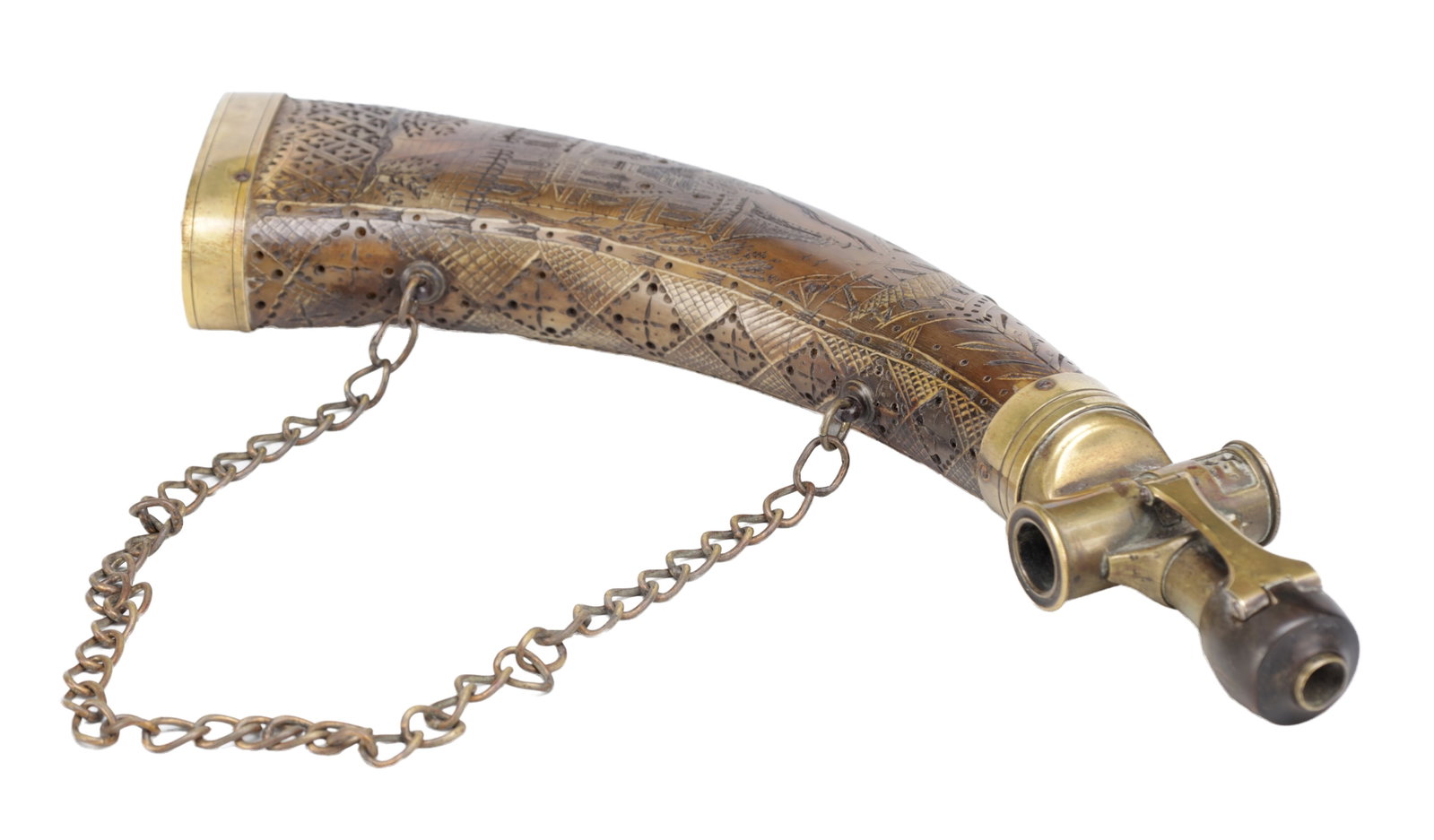 A DATED 1804 BRASS MOUNTED CARVED HORN POWDER FLASK (1 of 8)
