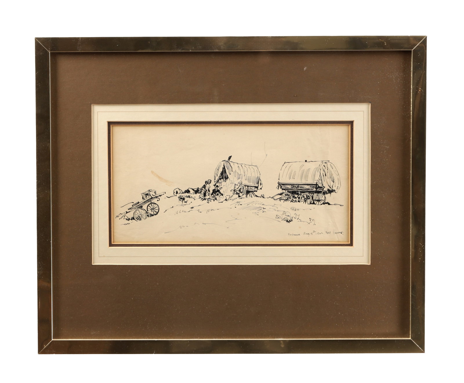 A MID 20TH CENTURY INK ON PAPER SKETCH: A MID 20TH CENTURY INK ON PAPER SKETCH depicting two covered wagons with figures in a landscape, inscribed lower right Redmire August 5th 1942; the reverse inscribed Horse trade has now gone. Most of 