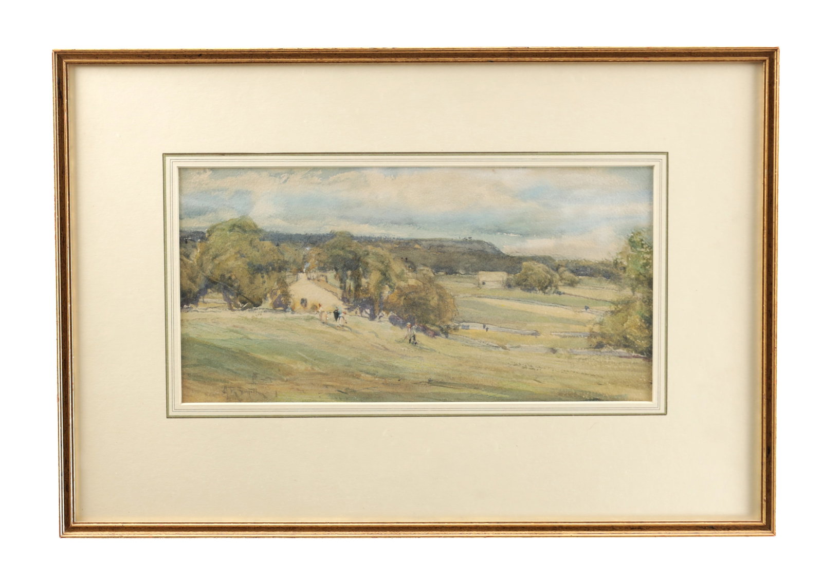 A E SMITH (EARLY 20TH CENTURY) A WATERCOLOUR VIEW OF CONISTON IN WHARFEDALE: A E SMITH (EARLY 20TH CENTURY) A WATERCOLOUR VIEW OF CONISTON IN WHARFEDALE depicting a rolling landscape with cottages, drystone walls and small figures under a clouded sky, mounted within a double m