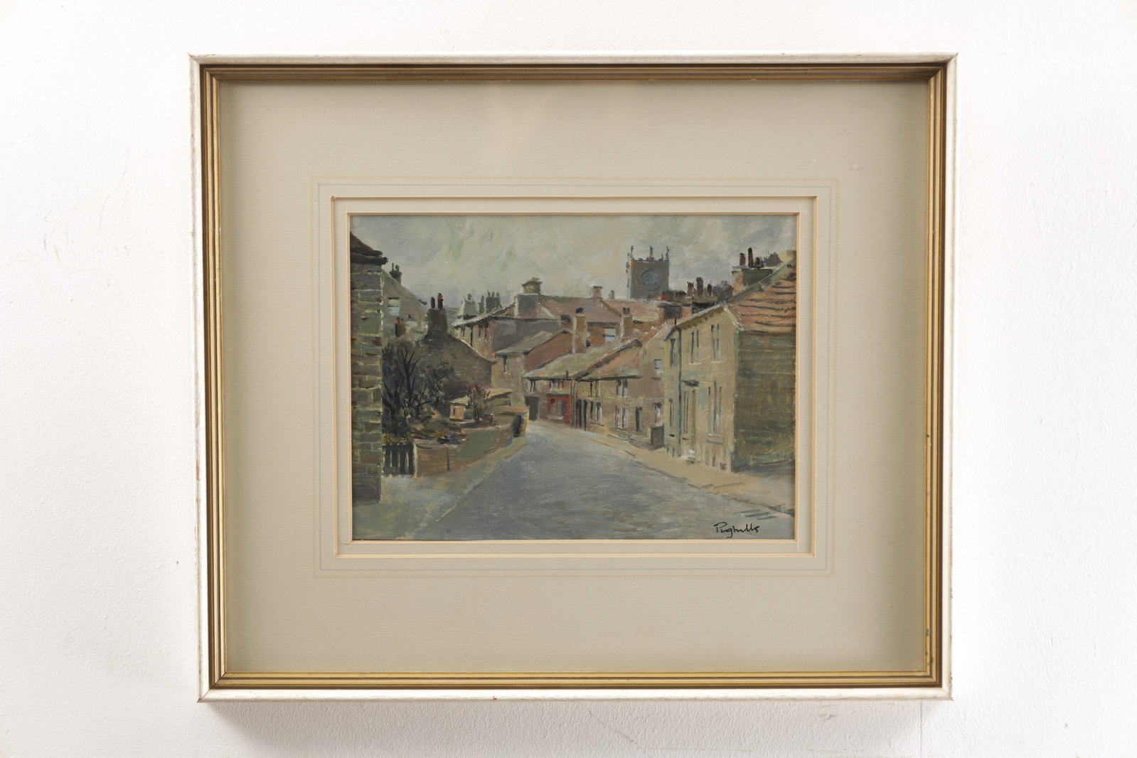 JOSEPH PIGHILLS (BRITISH, 1902-1984) AN OIL ON BOARD TITLED CHANGEGATE, HAWORTH: JOSEPH PIGHILLS (BRITISH, 1902-1984) AN OIL ON BOARD TITLED CHANGEGATE, HAWORTH depicting a street scene with terraced houses and a distant church tower, signed lower right, mounted in a gilt frame. (