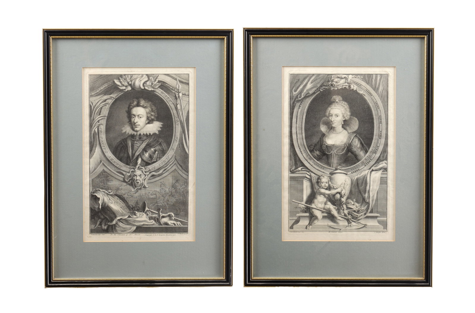 JACOBUS HOUBRAKEN DUTCH 1698-1780 A PAIR OF 18TH CENTURY LINE ENGRAVINGS: JACOBUS HOUBRAKEN DUTCH 1698-1780 A PAIR OF 18TH CENTURY LINE ENGRAVINGS depicting bust-length portraits of a gentleman and a lady within oval medallions and elaborate cartouches with allegorical