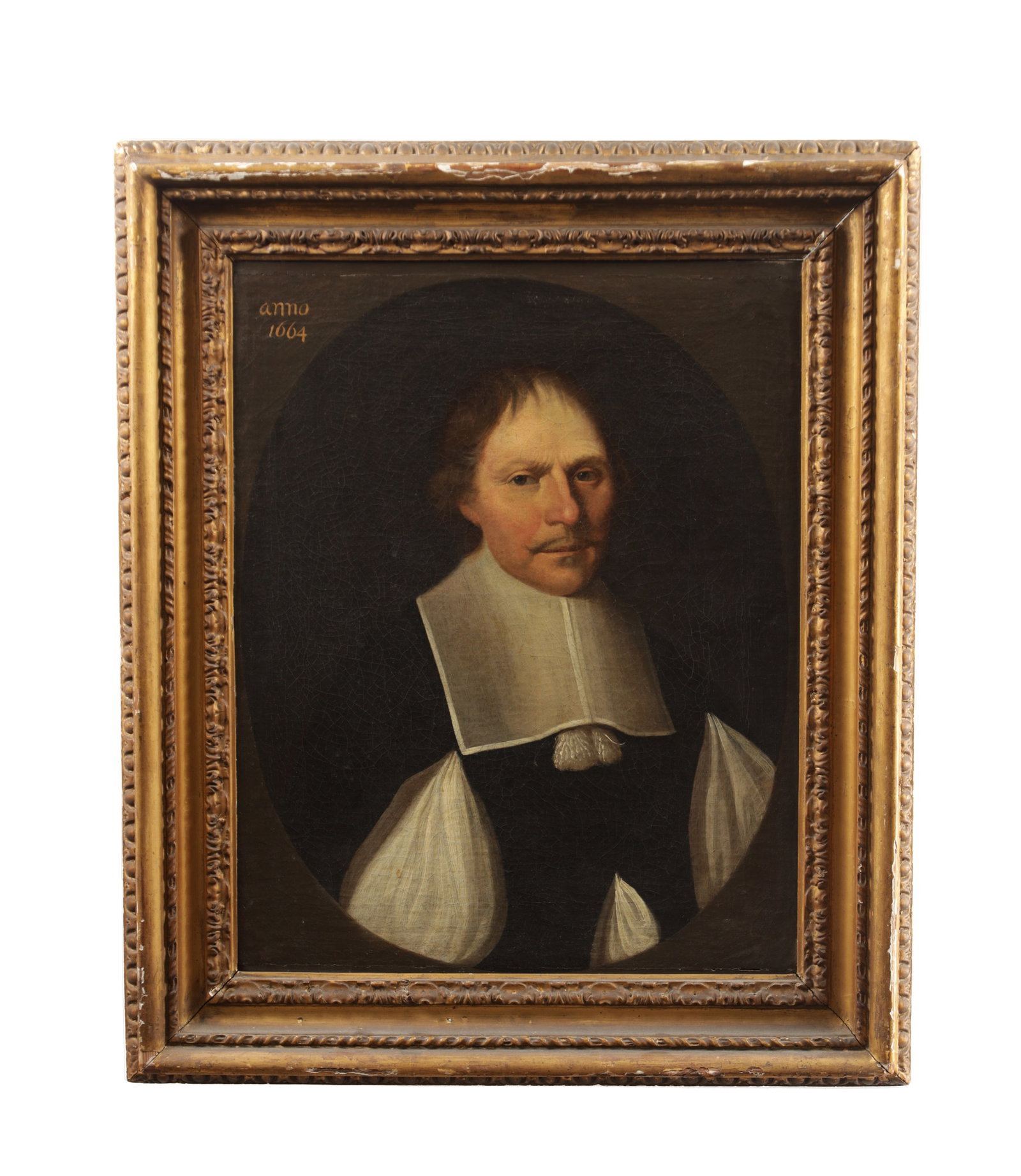 A 17TH CENTURY OIL ON CANVAS PORTRAIT OF A GENTLEMAN DATED 1664: A 17TH CENTURY OIL ON CANVAS PORTRAIT OF A GENTLEMAN DATED 1664 depicting a half-length portrait of a gentleman wearing a broad white collar and bands within a feigned oval on a dark ground,