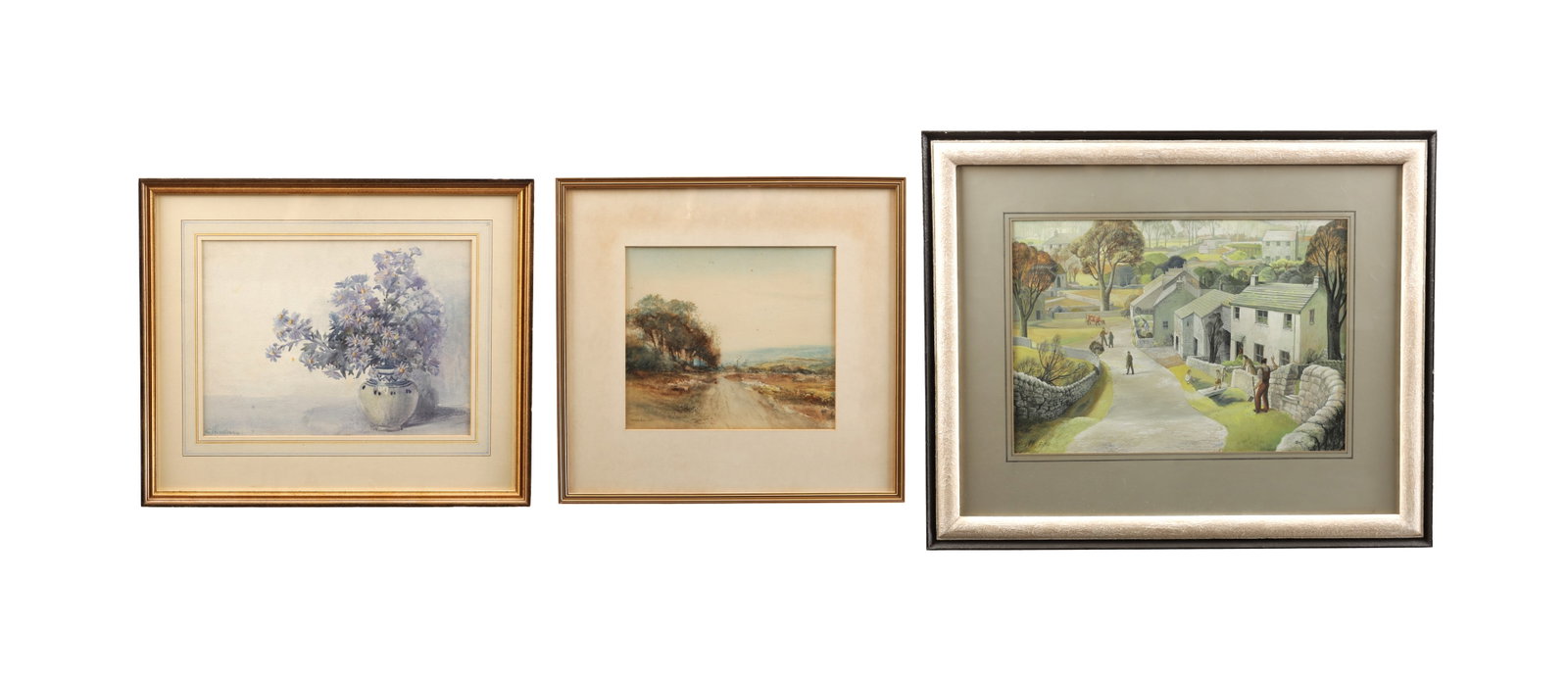 HAROLD AUTY (BRITISH 1923-1989) A MID 20TH CENTURY WATERCOLOUR WITH TWO OTHER SIGNED WATERCOLOURS: HAROLD AUTY (BRITISH 1923-1989) A MID 20TH CENTURY WATERCOLOUR WITH TWO OTHER SIGNED WATERCOLOURS comprising an Auty village street scene in watercolour together with a floral still life and a rural
