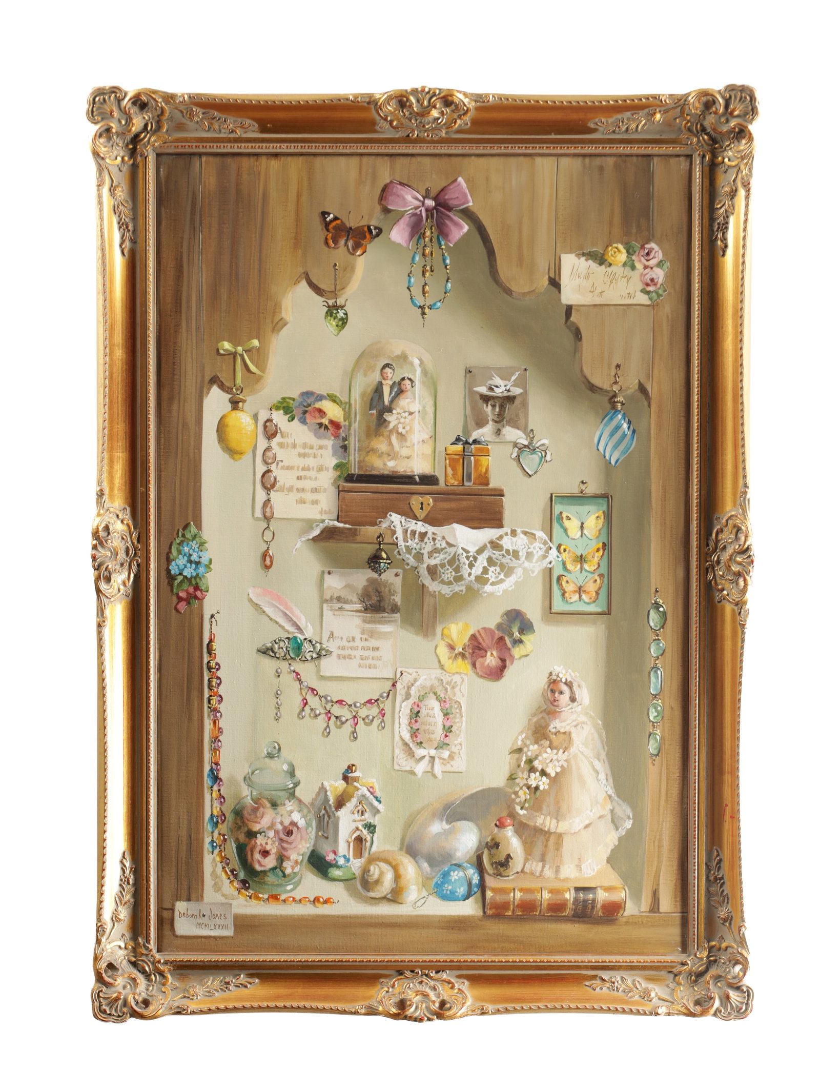 DEBORAH JONES (BRITISH, 1912-2012) AN OIL ON CANVAS CUPBOARD WITH BEAUTIFUL BLUE BEADS: DEBORAH JONES (BRITISH, 1912-2012) AN OIL ON CANVAS CUPBOARD WITH BEAUTIFUL BLUE BEADS depicting a trompe l oeil arrangement of keepsakes, lace and jewellery within a curtained niche, signed lower
