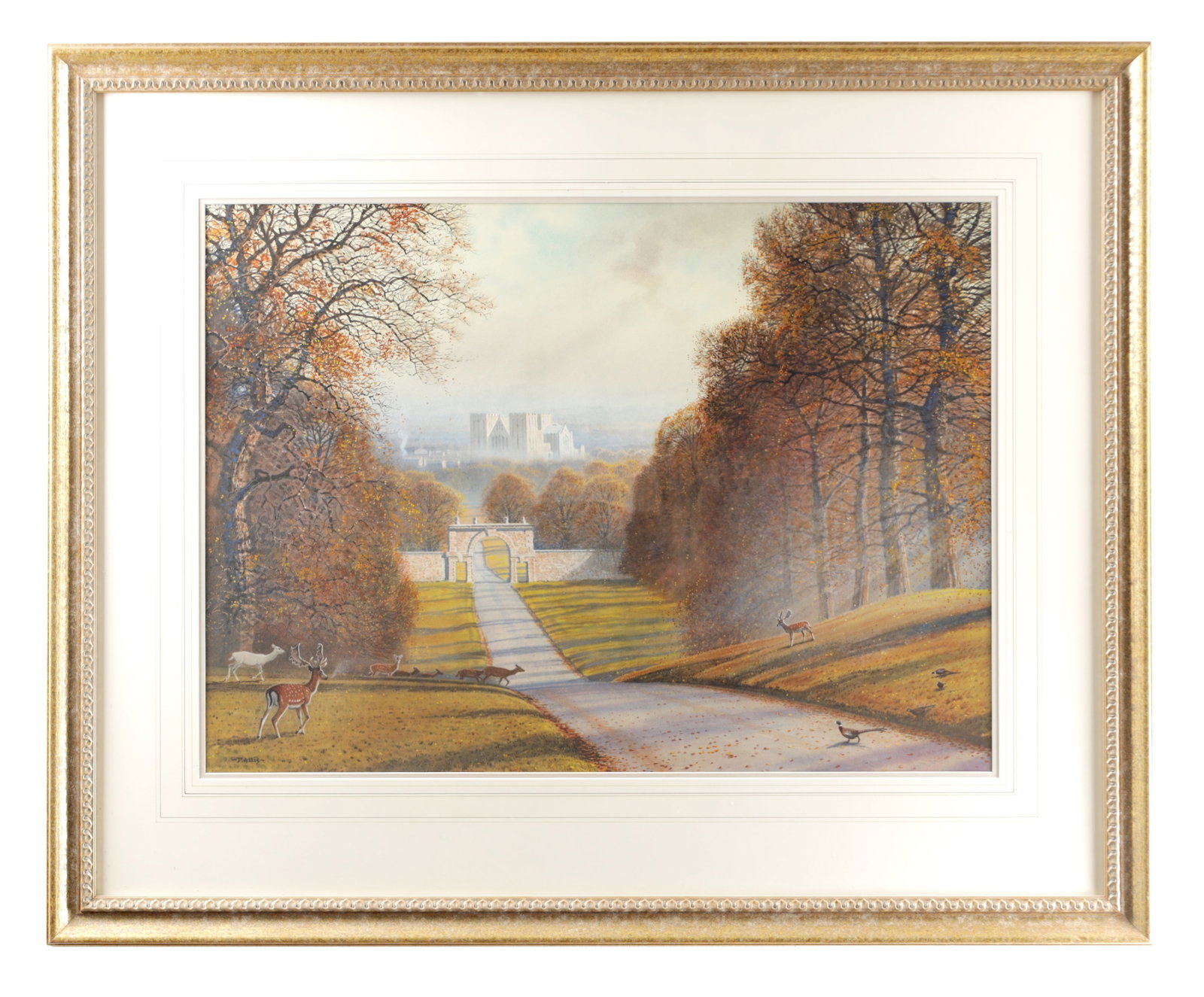 T. ALLIS A WATERCOLOUR VIEW OF RIPON CATHEDRAL FROM FOUNTAINS ABBEY: T. ALLIS A WATERCOLOUR VIEW OF RIPON CATHEDRAL FROM FOUNTAINS ABBEY depicting an autumnal tree-lined avenue with deer and park gateway, the cathedral beyond, signed lower left, mounted in a gilt