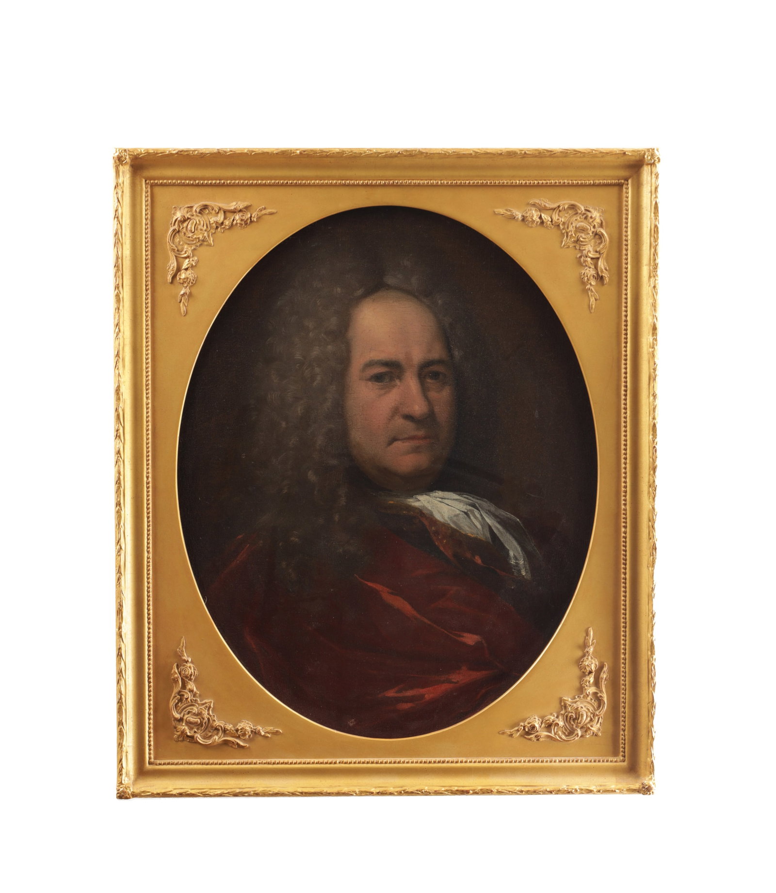 IN THE MANNER OF ALLAN RAMSAY (1713-1784) AN 18TH CENTURY OIL ON CANVAS PORTRAIT OF A GENTLEMAN: IN THE MANNER OF ALLAN RAMSAY (1713-1784) AN 18TH CENTURY OIL ON CANVAS PORTRAIT OF A GENTLEMAN depicting a half-length sitter wearing a powdered wig with crimson drape and white cravat on a dark