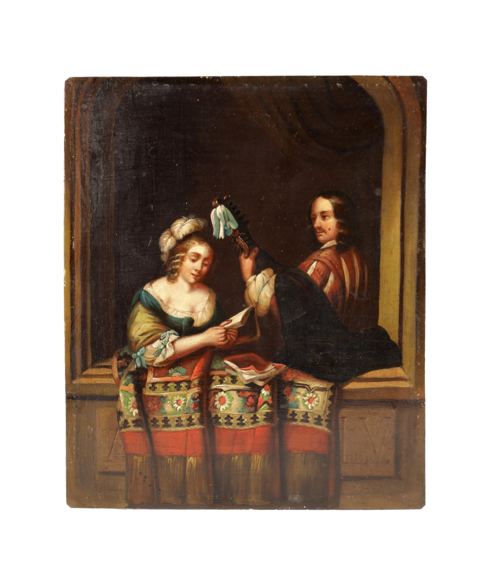 AFTER CASPAR NETSCHER AN OIL ON TIN GENRE PAINTING 19TH CENTURY: AFTER CASPAR NETSCHER AN OIL ON TIN GENRE PAINTING 19TH CENTURY depicting a lady reading a letter at a balconied window attended by a cavalier, within an arched architectural niche hung with drapery.