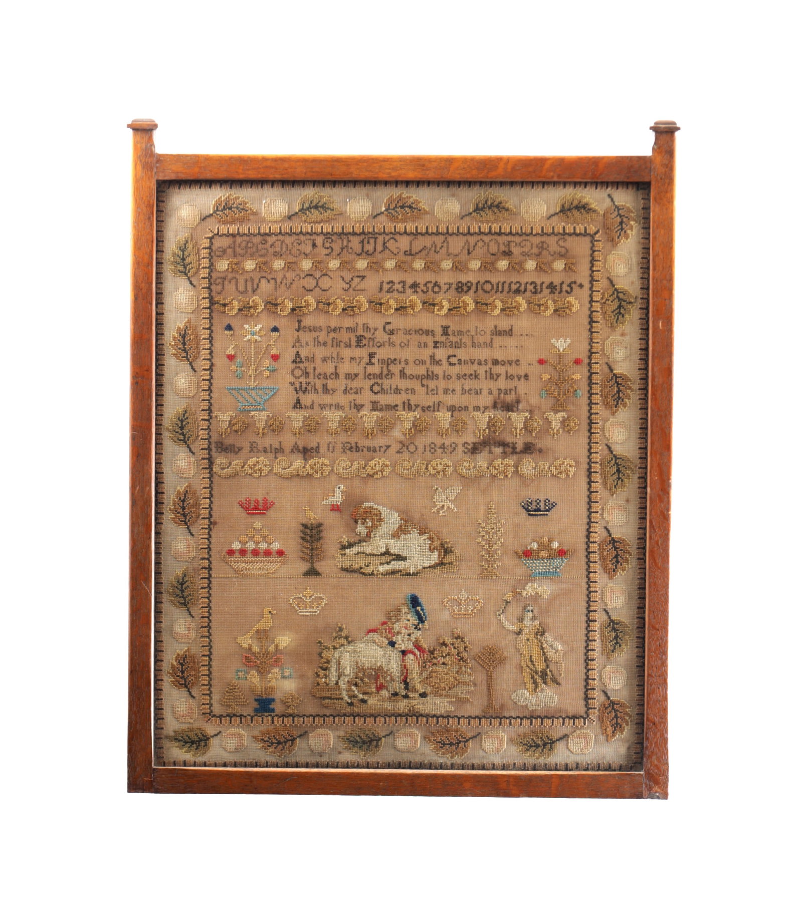 A MID 19TH CENTURY ENGLISH NEEDLEWORK SAMPLER BY BELLY RALPH, SETTLE, DATED 1849 (1 of 6)