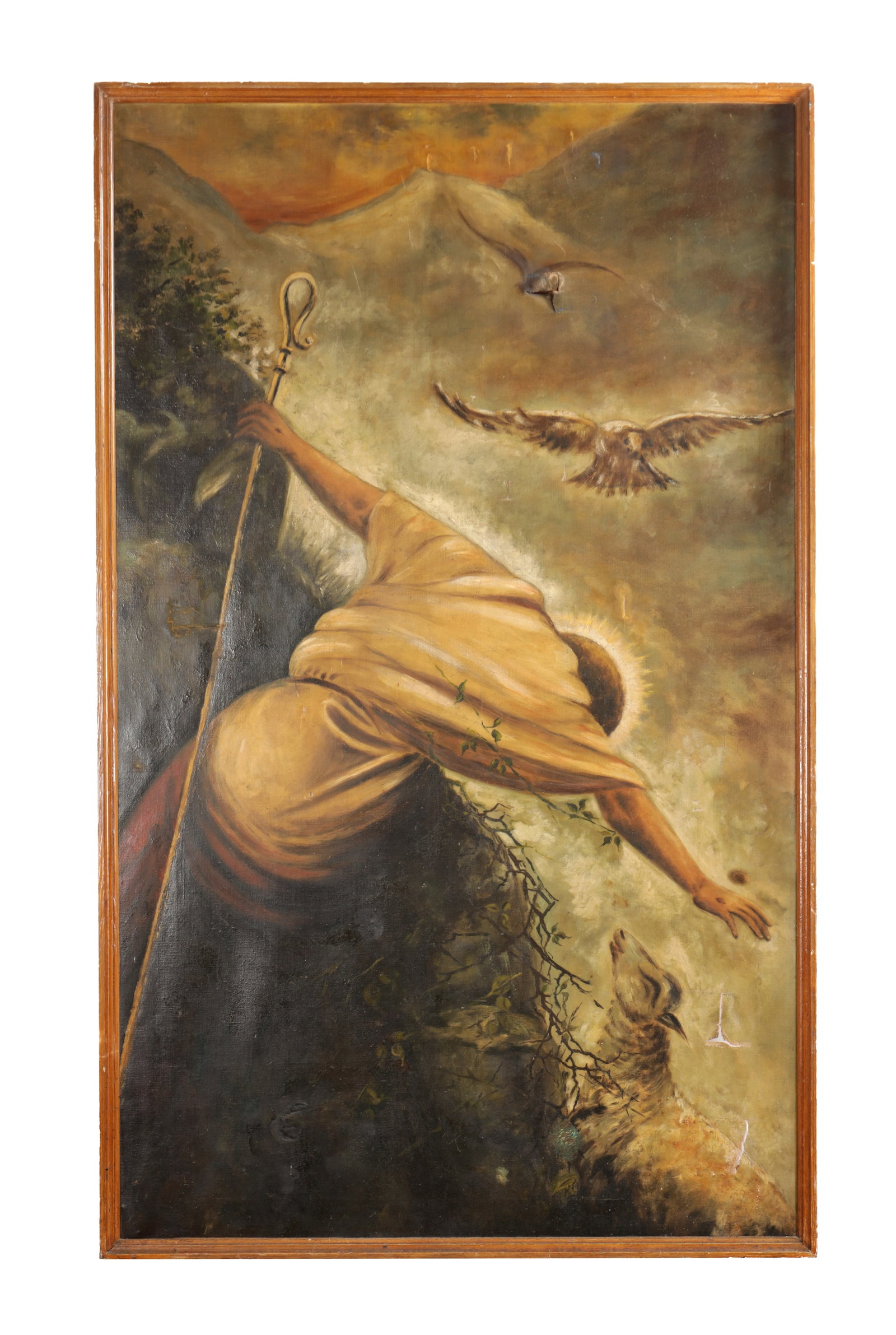 A 19TH CENTURY OIL ON CANVAS PAINTING THE LOST SHEEP: A 19TH CENTURY OIL ON CANVAS PAINTING THE LOST SHEEP depicting a shepherd with crook reaching down a rocky precipice to rescue a lamb beneath circling birds, mounted in a plain wood frame. (189cm