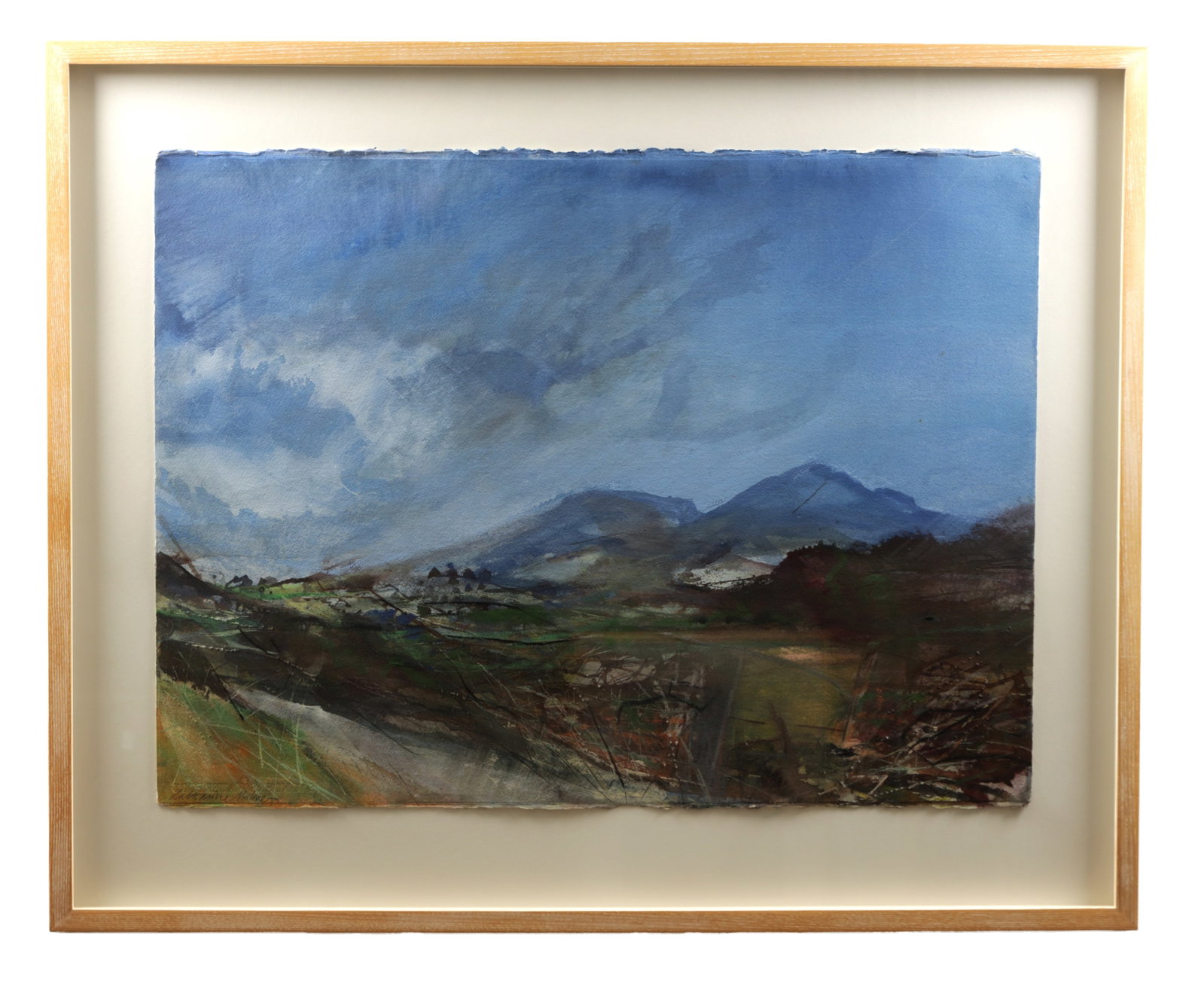 KATHERINE HOLMES (B.1962) A WATERCOLOUR, INK, PASTEL AND COLLAGE ON PAPER ABOVE HETTON ON A BRIGHT: KATHERINE HOLMES (B.1962) A WATERCOLOUR, INK, PASTEL AND COLLAGE ON PAPER ABOVE HETTON ON A BRIGHT DAY signed lower left, mounted and framed. (57cm high, 76cm wide)