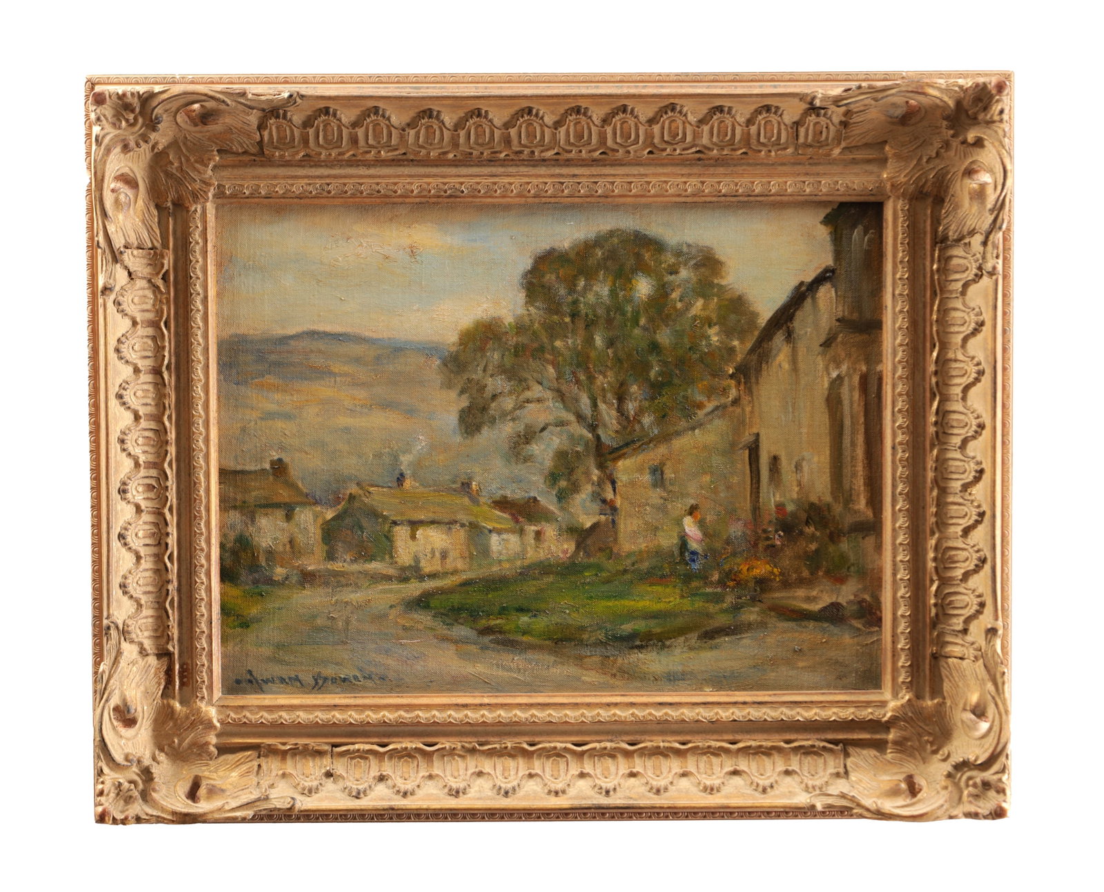 OWEN BOWEN (BRITISH, 1873-1967) AN EARLY 20TH CENTURY OIL ON BOARD COUNTRY VILLAGE LANDSCAPE: OWEN BOWEN (BRITISH, 1873-1967) AN EARLY 20TH CENTURY OIL ON BOARD COUNTRY VILLAGE LANDSCAPE depicting a village street with cottages, a central tree and figures, signed lower left, mounted in a gilt