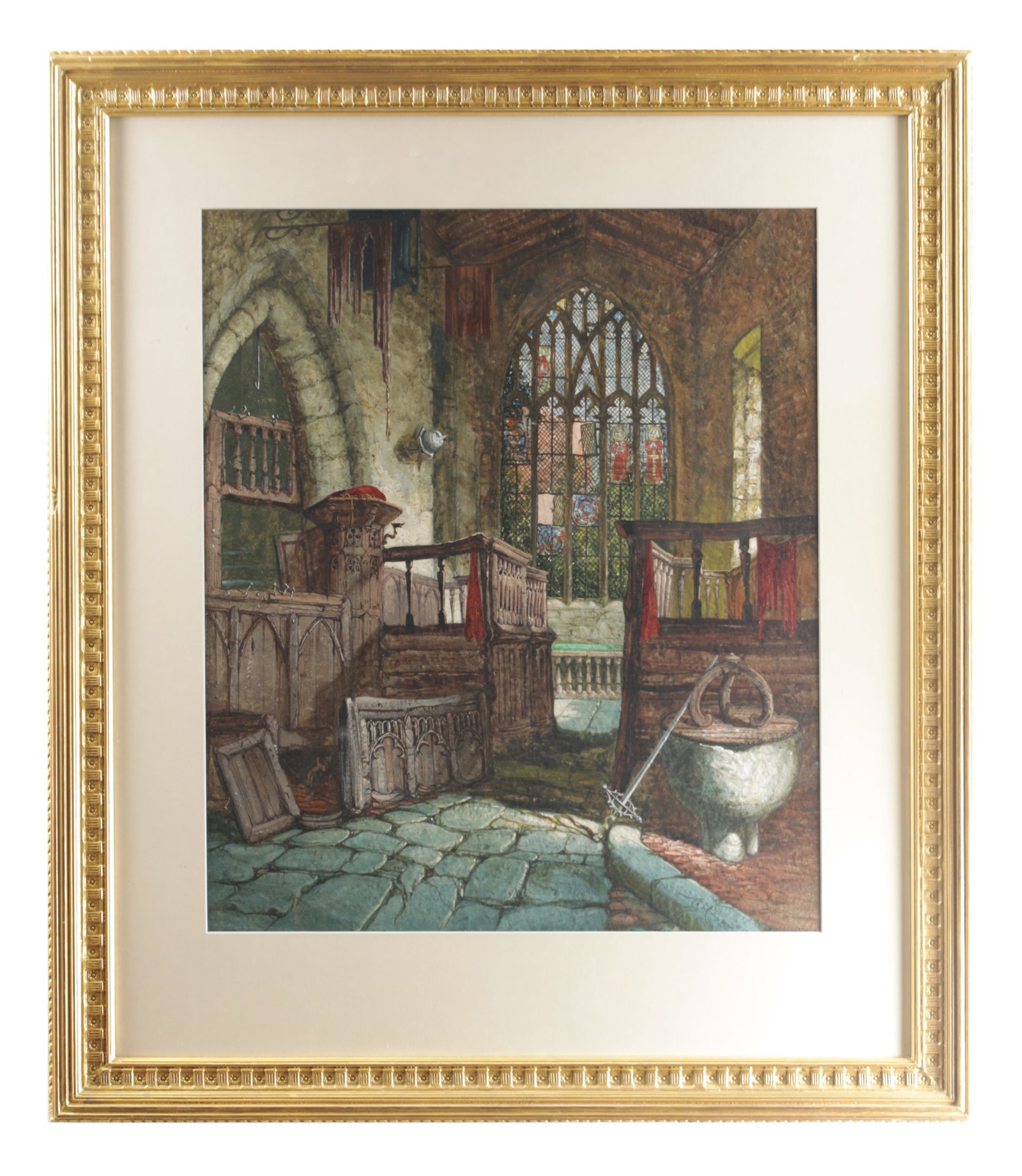 MARGARET RAYNER BRITISH (1837 - 1891) A WATERCOLOUR OF A CHURCH INTERIOR WITH PULPIT AND FONT: MARGARET RAYNER BRITISH (1837 - 1891) A WATERCOLOUR OF A CHURCH INTERIOR WITH PULPIT AND FONT depicting a Gothic nave with traceried stained glass window, box pews and pulpit, a stone font and staff