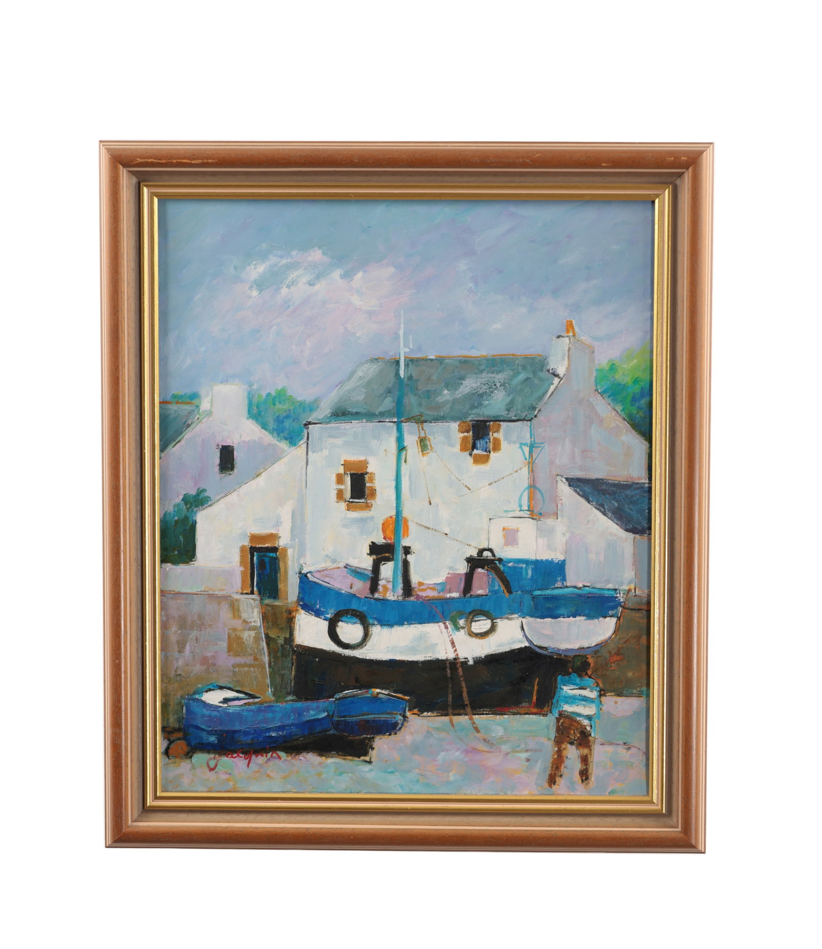 JACQUIN A 20TH CENTURY FRENCH OIL ON CANVAS SEASCAPE: JACQUIN A 20TH CENTURY FRENCH OIL ON CANVAS SEASCAPE depicting boats in a harbour before whitewashed cottages, signed "Jacquin" and dated 1988, inscribed "Paris St Cado" to the reverse, framed. (45cm