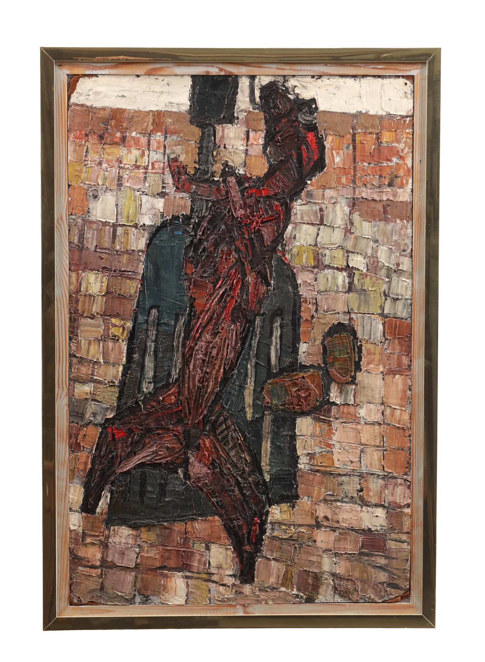 BRIAN KERR (C.1956/7) A LATE 20TH CENTURY OIL ON BOARD: BRIAN KERR (C.1956/7) A LATE 20TH CENTURY OIL ON BOARD titled 'Lost and Never Found in a Pot Hole', a heavy impasto abstract composition, framed. (59.5cm high, 38.5cm wide)