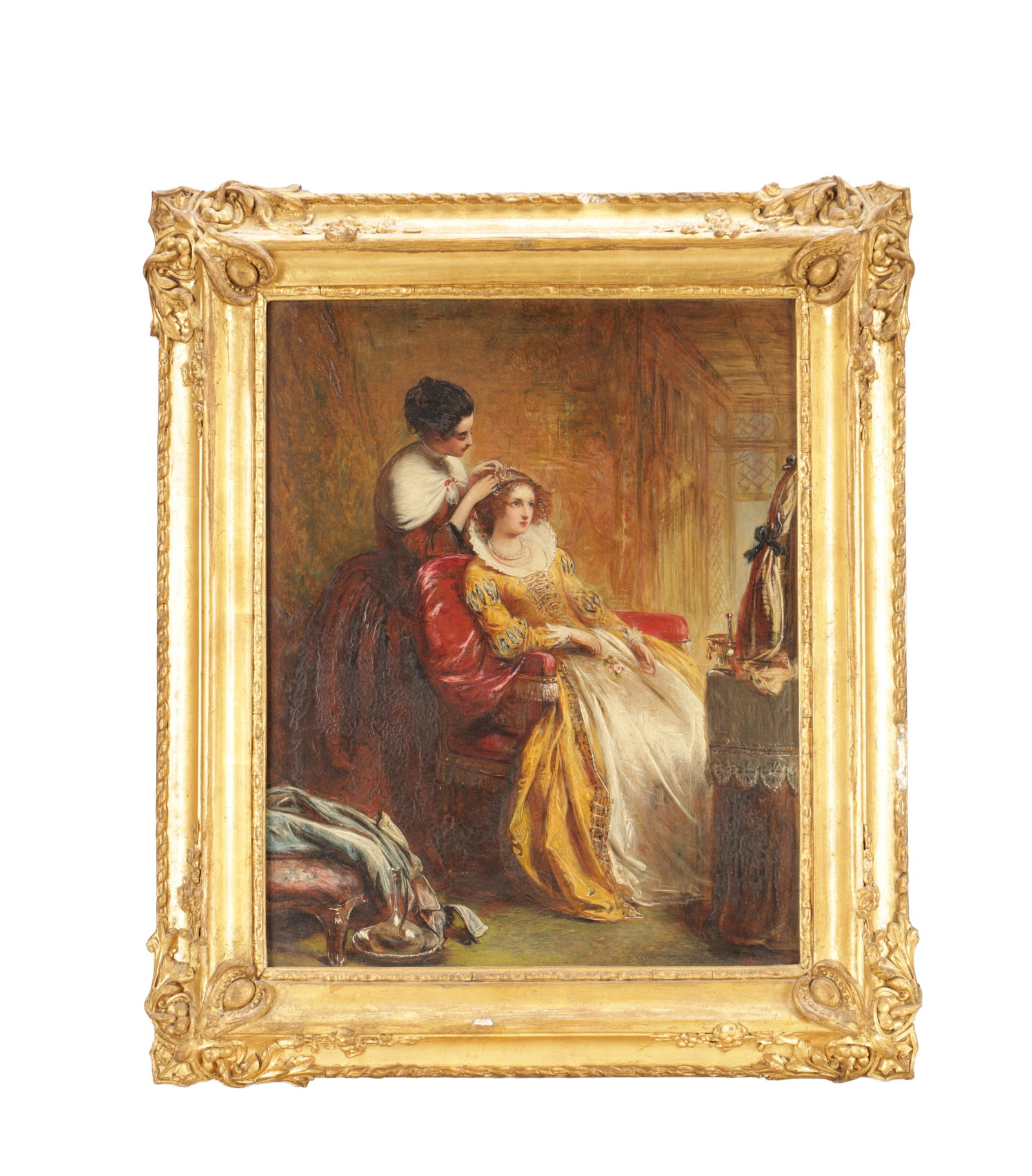A 19TH CENTURY OIL ON PANEL GENRE PAINTING: A 19TH CENTURY OIL ON PANEL GENRE PAINTING depicting a seated lady being dressed by her maid in a furnished interior, mounted in a carved gilt frame. (35cm high, 28cm wide)