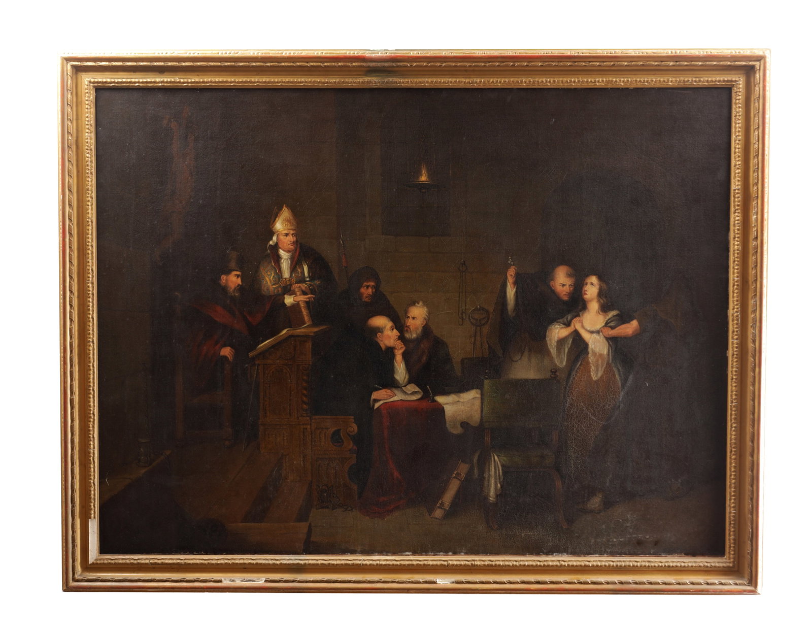 A 19TH CENTURY OIL ON CANVAS PAINTING THE TRIBUNAL OF THE HOLY OFFICE OF THE INQUISITION: A 19TH CENTURY OIL ON CANVAS PAINTING THE TRIBUNAL OF THE HOLY OFFICE OF THE INQUISITION depicting an ecclesiastical court interior with a mitred bishop and monks at a lectern and bench confronting a