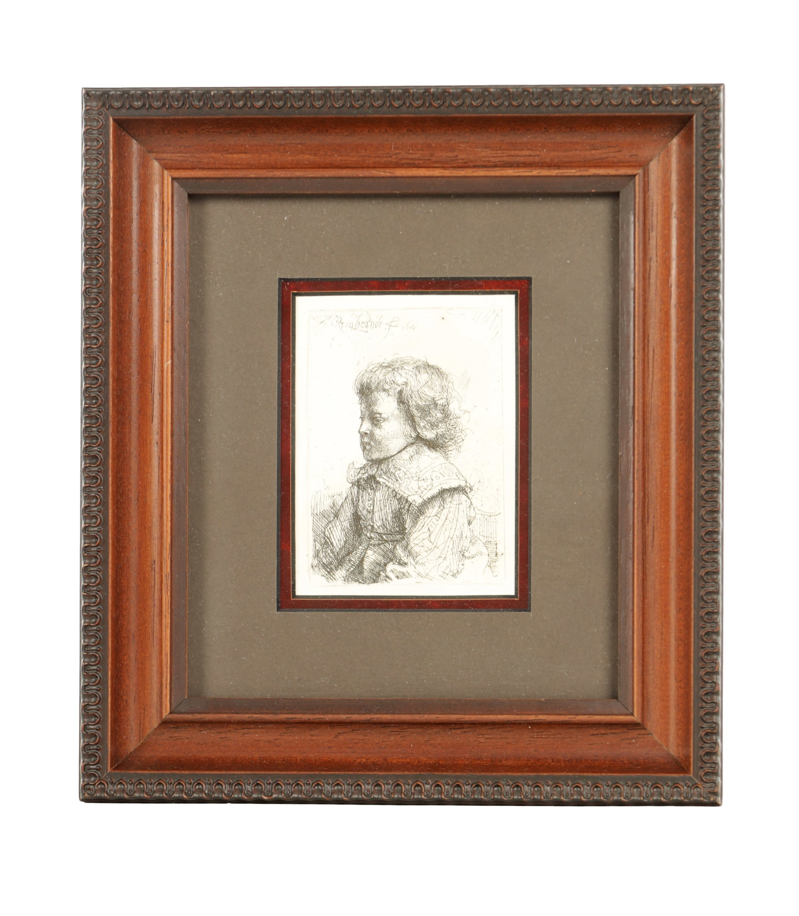 A PORTRAIT ENGRAVED PRINT AFTER REMBRANDT OF A BOY: A PORTRAIT ENGRAVED PRINT AFTER REMBRANDT OF A BOY signed and dated 1641 - in glazed wooden frame (10cm high 7.5cm wide)