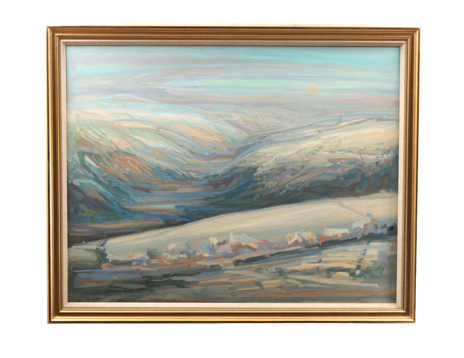 MARY LORD (B.1931) A LATE 20TH CENTURY OIL ON CANVAS 'NOVEMBER VALLEY SUNRISE' (1 of 5)
