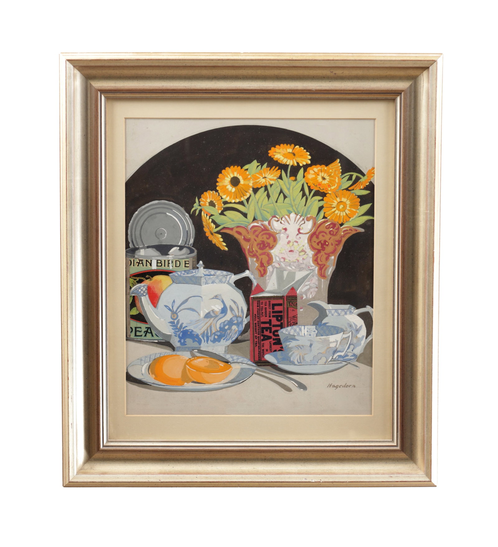 HAGEDORN. A STILL LIFE TITLED 'LIPTON TEA': HAGEDORN. A STILL LIFE TITLED 'LIPTON TEA' depicting a tabletop arrangement with a Lipton Tea packet, blue and white teaware, a plate with orange segments and a floral vase before stacked tins on a da