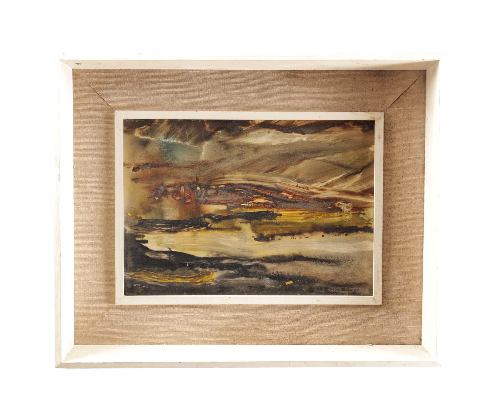 A 20TH CENTURY MIXED MEDIA SEASCAPE: A 20TH CENTURY MIXED MEDIA SEASCAPE depicting an abstracted coastal view beneath a brooding sky mounted in a white painted frame with linen slip.