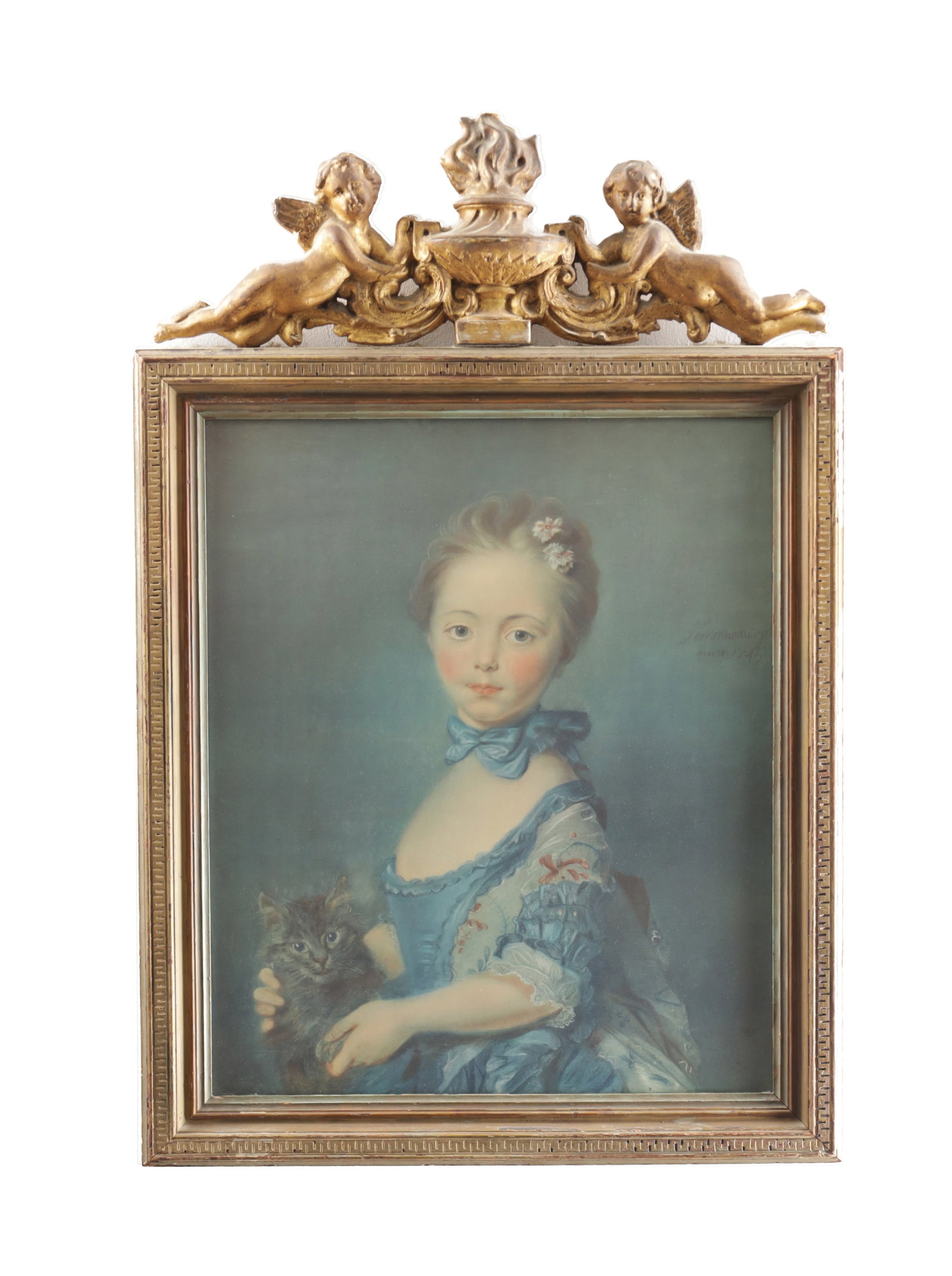 AFTER JEAN BAPTISTE PERRONNEAU A COLOURED PRINT 'GIRL WITH KITTEN' (1 of 5)