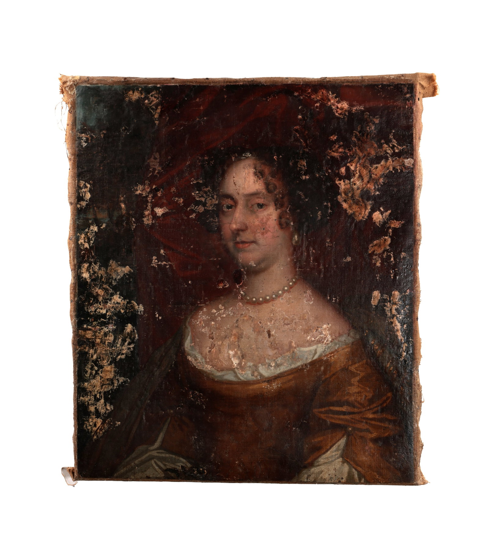 A 17TH CENTURY OIL ON CANVAS PORTRAIT OF A LADY: A 17TH CENTURY OIL ON CANVAS PORTRAIT OF A LADY depicting a half-length sitter wearing a pearl necklace and ochre gown before a red drape on a dark ground, unframed. (71cm high 62cm wide)