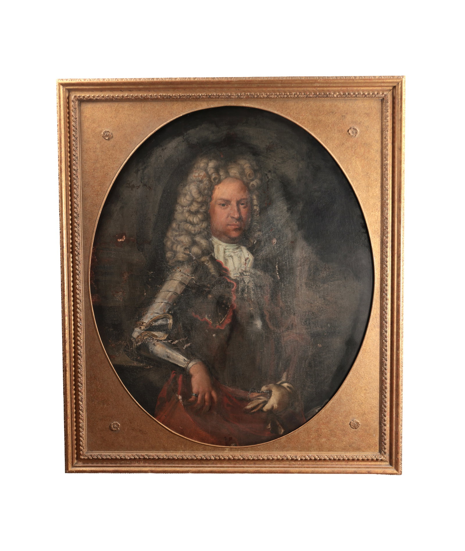A 17TH CENTURY OIL ON CANVAS PORTRAIT OF A GENTLEMAN IN ARMOUR: A 17TH CENTURY OIL ON CANVAS PORTRAIT OF A GENTLEMAN IN ARMOUR depicting a half-length sitter wearing a full-bottomed wig and cuirass with red sash on a dark ground, in a gilt square frame with oval i