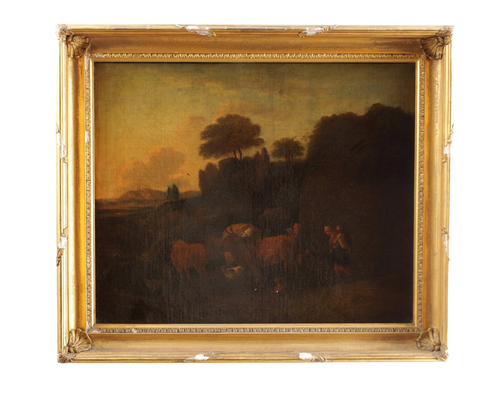 AN 18TH CENTURY OIL ON CANVAS PASTORAL LANDSCAPE WITH CATTLE AND FIGURES (1 of 6)