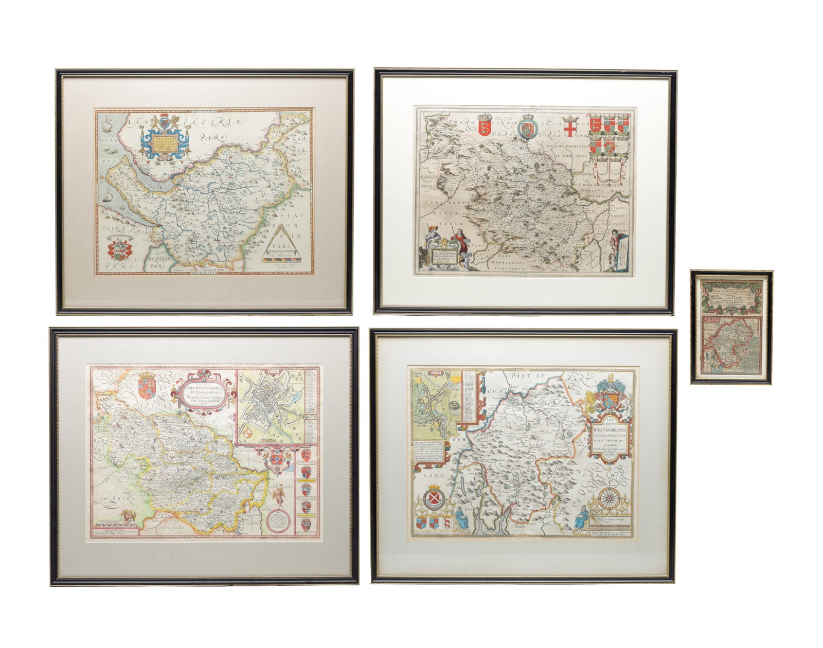 A COLLECTION OF FIVE 17TH CENTURY MAPS OF YORKSHIRE AND LANCASHIRE: A COLLECTION OF FIVE 17TH CENTURY MAPS OF YORKSHIRE AND LANCASHIRE (Four maps measure 52cm by 39cm, the smallest map measures 19.5cm and 13.5cm )