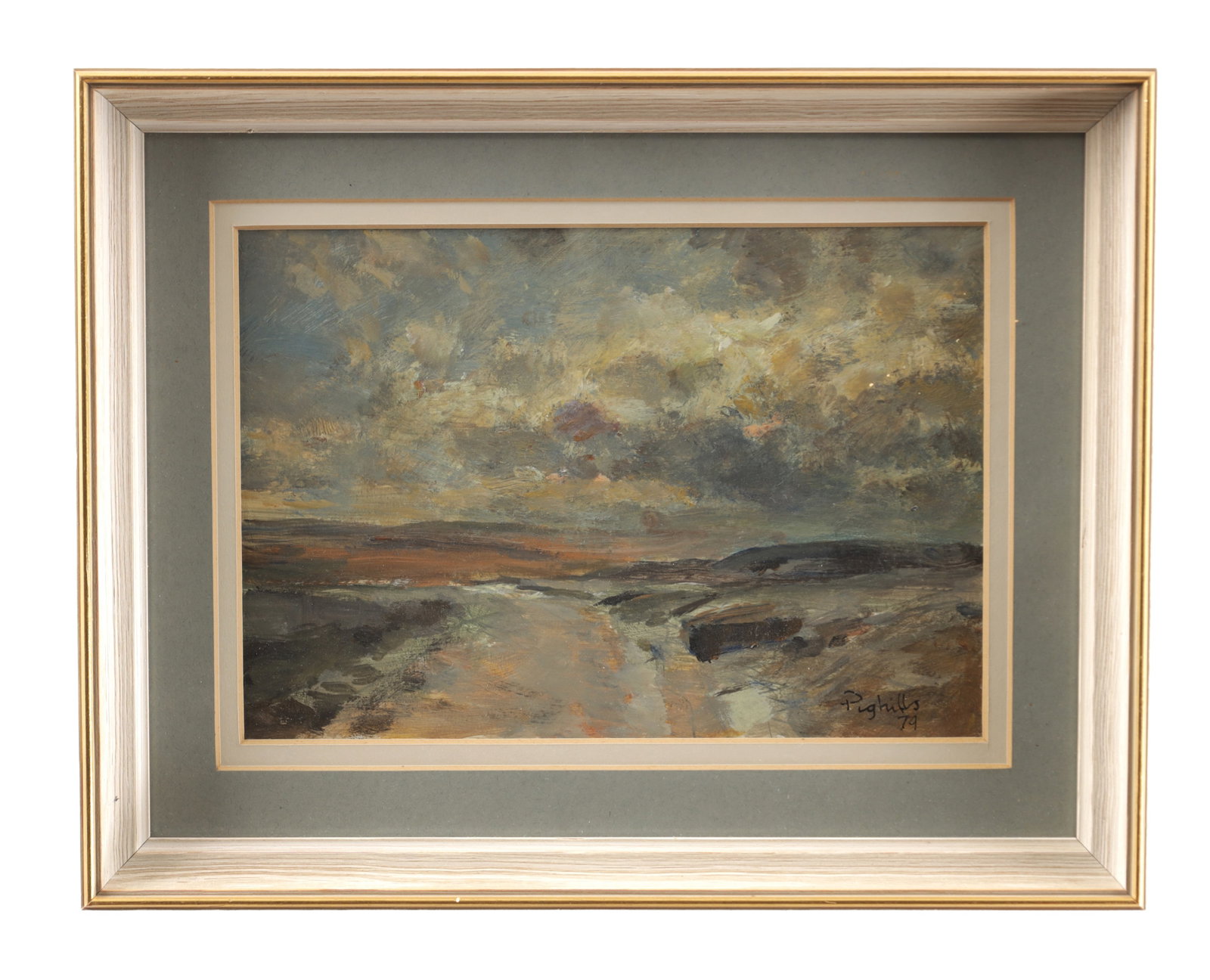 JOSEPH PIGHILLS (BRITISH, 1902-1984) AN OIL PAINTING OF BRONTE COUNTRY FROM WEST END HAWORTH DATED: JOSEPH PIGHILLS (BRITISH, 1902-1984) AN OIL PAINTING OF BRONTE COUNTRY FROM WEST END HAWORTH DATED 1979 depicting the Yorkshire moorland beneath a clouded sky, signed and dated lower right, framed. (1