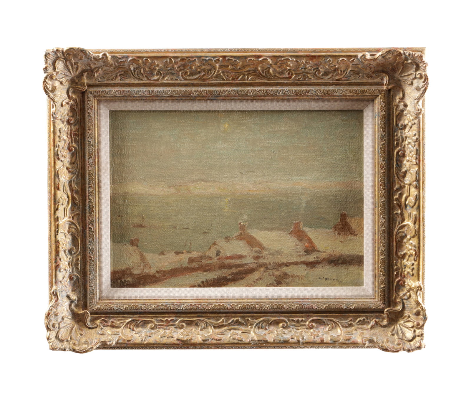 GEORGE GRAHAM BRITISH, 1881-1949 AN EARLY 20TH CENTURY OIL ON CANVAS SEASCAPE WITH COTTAGES (1 of 5)
