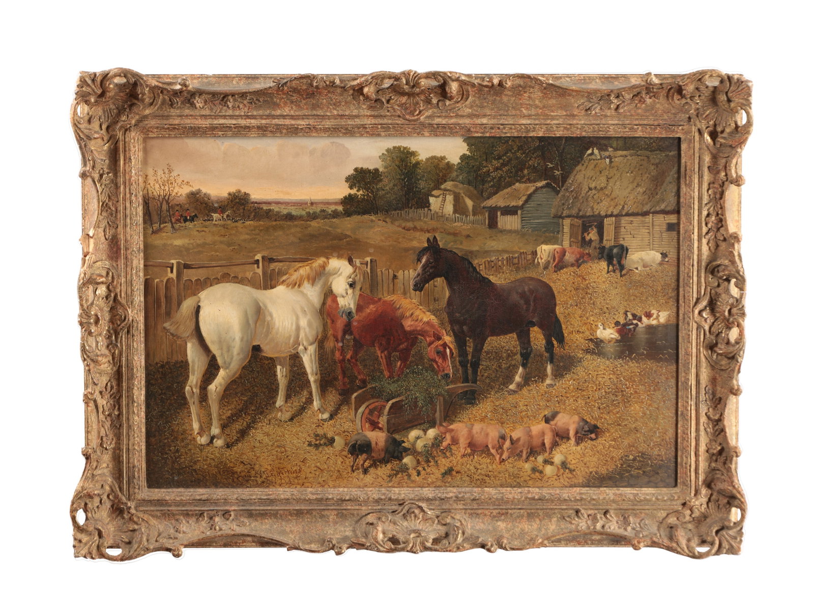 HERRING, AN OIL ON CANVAS FARMYARD SCENE: HERRING, AN OIL ON CANVAS FARMYARD SCENE depicting a farmyard with three horses, pigs, cattle and poultry before thatched barns with a pond, distant riders beyond, mounted in a carved and gilt frame.