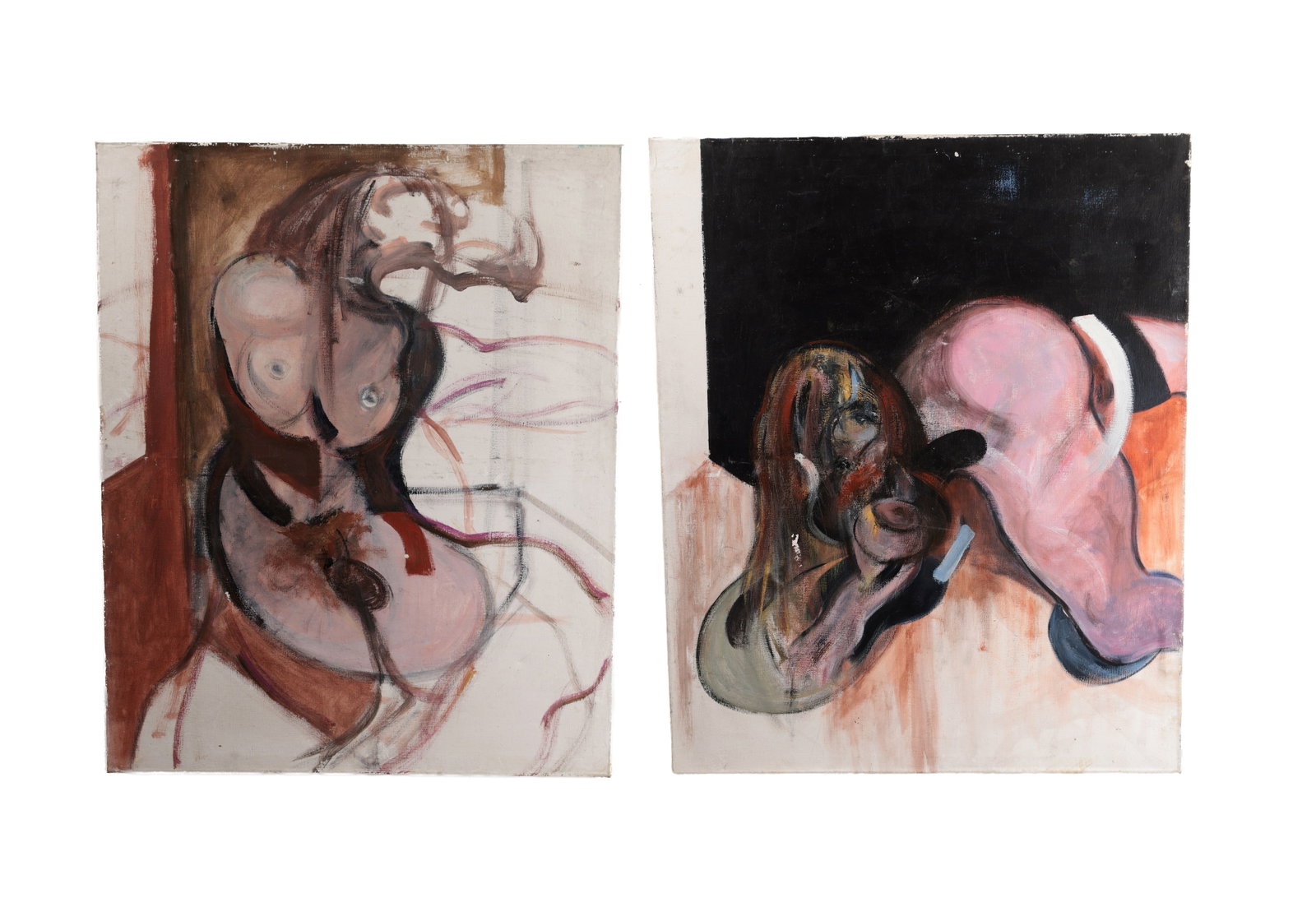 A PAIR OF 20TH CENTURY OIL ON CANVAS PAINTINGS IN THE MANNER OF FRANCIS BACON: A PAIR OF 20TH CENTURY OIL ON CANVAS PAINTINGS IN THE MANNER OF FRANCIS BACON depicting abstracted contorted figures in flesh tones with gestural handling on contrasting grounds. (100cm high, 81cm