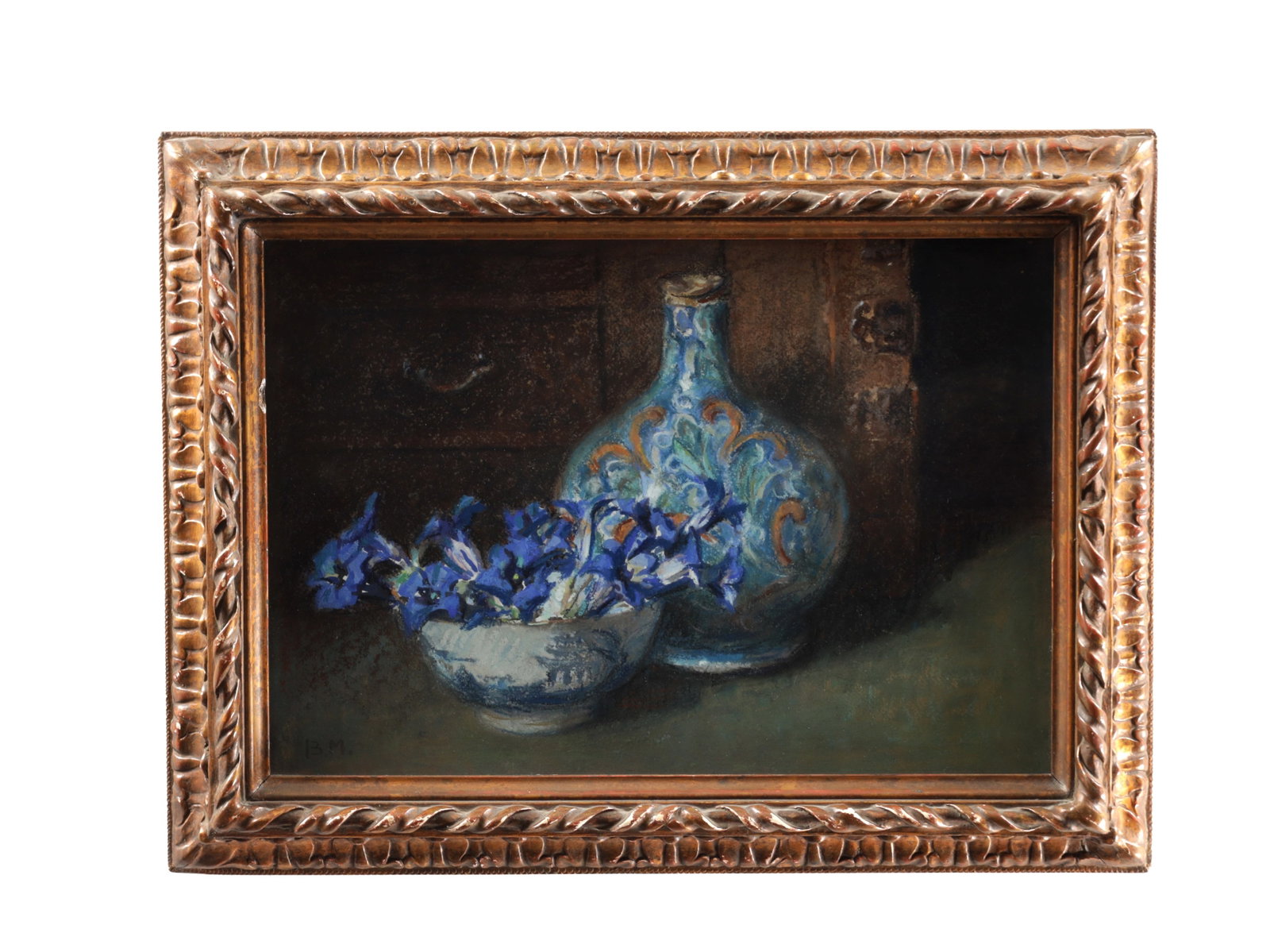 ADELINE BLANCHE MOORHOUSE (B.1967) A 20TH CENTURY PASTEL STILL LIFE "GENTIAN & MAJOLICA": ADELINE BLANCHE MOORHOUSE (B.1967) A 20TH CENTURY PASTEL STILL LIFE "GENTIAN & MAJOLICA" depicting a majolica bottle and a blue and white bowl of gentian flowers on a tabletop, signed with initials