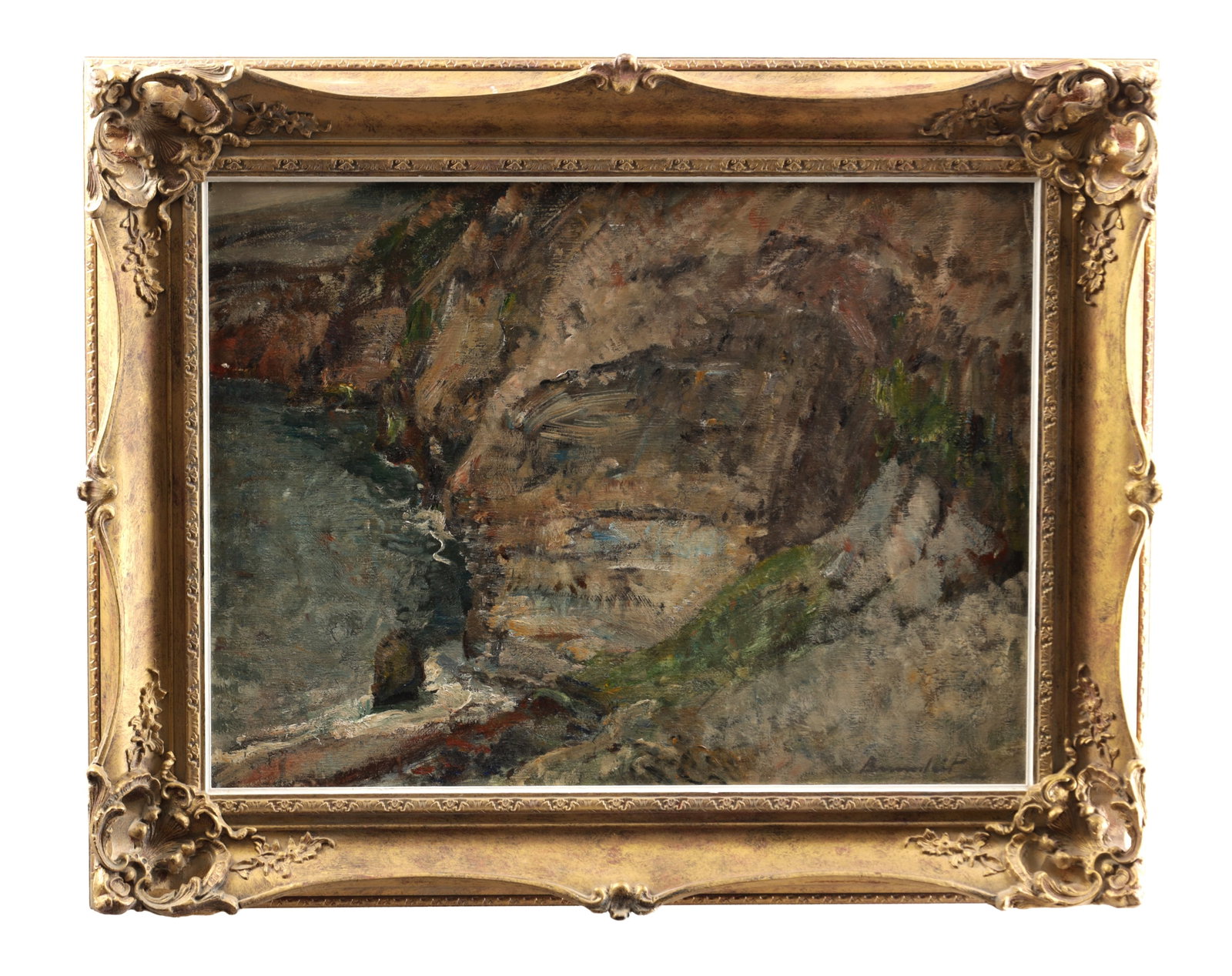REGINALD GRANGE BRUNDRIT (BRITISH 1883-1960) AN EARLY 20TH CENTURY OIL ON CANVAS TITLED 'SINISTER: REGINALD GRANGE BRUNDRIT (BRITISH 1883-1960) AN EARLY 20TH CENTURY OIL ON CANVAS TITLED 'SINISTER COAST' depicting a rocky coastal inlet with cliffs and surf, signed lower right, mounted in a carved,