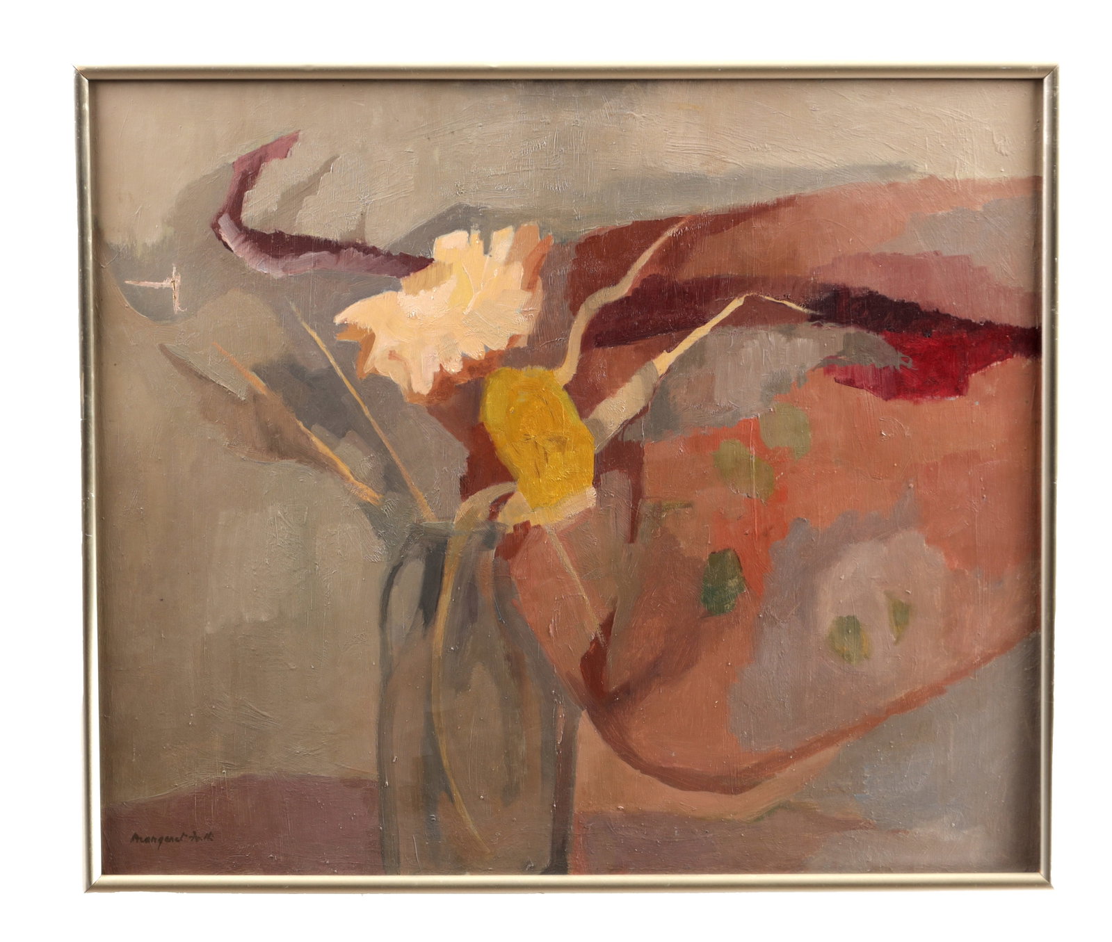 MARGARET FIRTH (BRITISH 1898-1991) AN OIL ON BOARD STILL LIFE: MARGARET FIRTH (BRITISH 1898-1991) AN OIL ON BOARD STILL LIFE depicting flowers in a vase on a muted ground signed lower left and framed. (55cm high, 65cm wide)