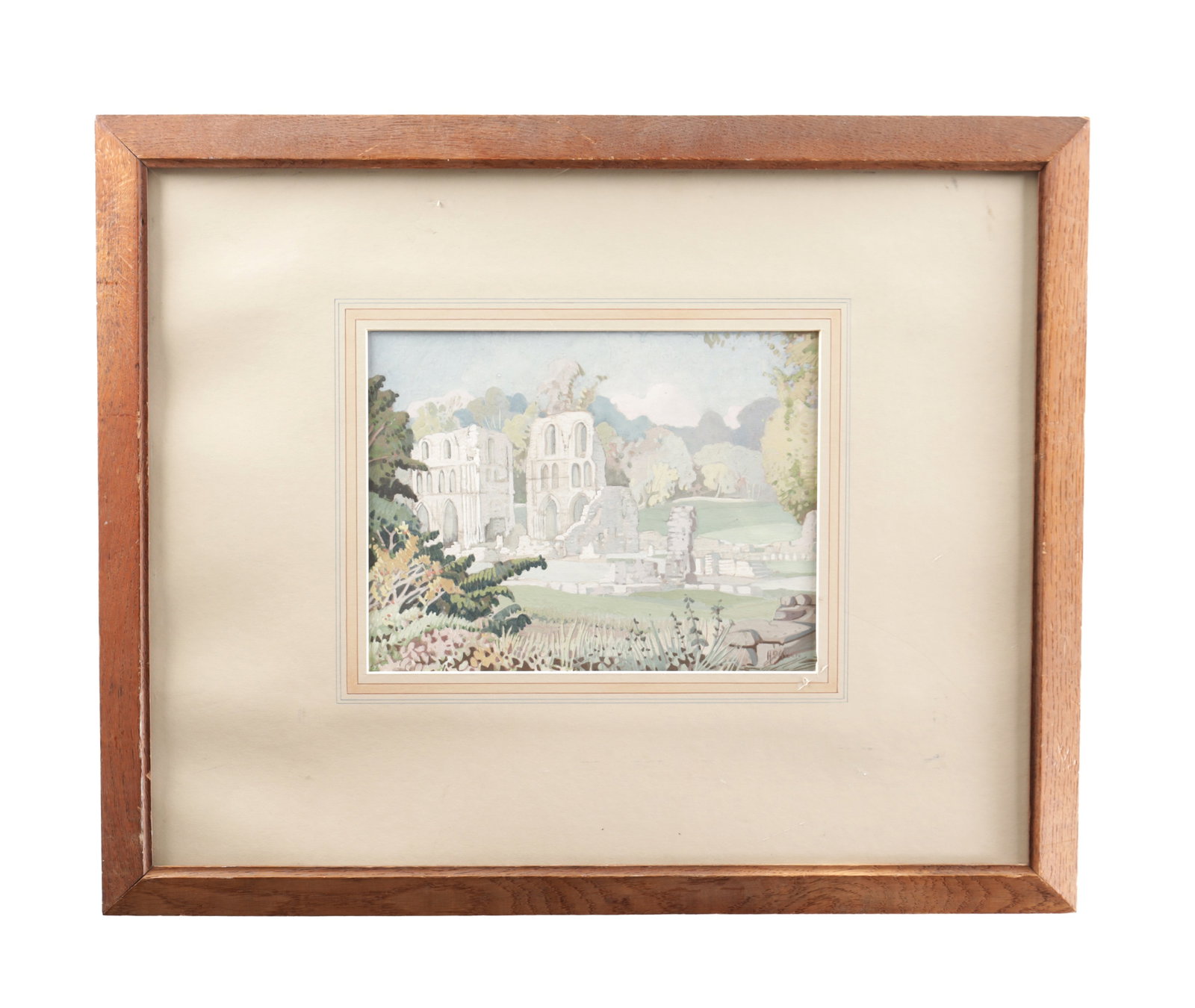 A 20TH CENTURY ENGLISH WATERCOLOUR VIEW OF ROCHE ABBEY: A 20TH CENTURY ENGLISH WATERCOLOUR VIEW OF ROCHE ABBEY depicting the ruins in a wooded landscape, mounted and framed. (22cm high, 29cm wide,)