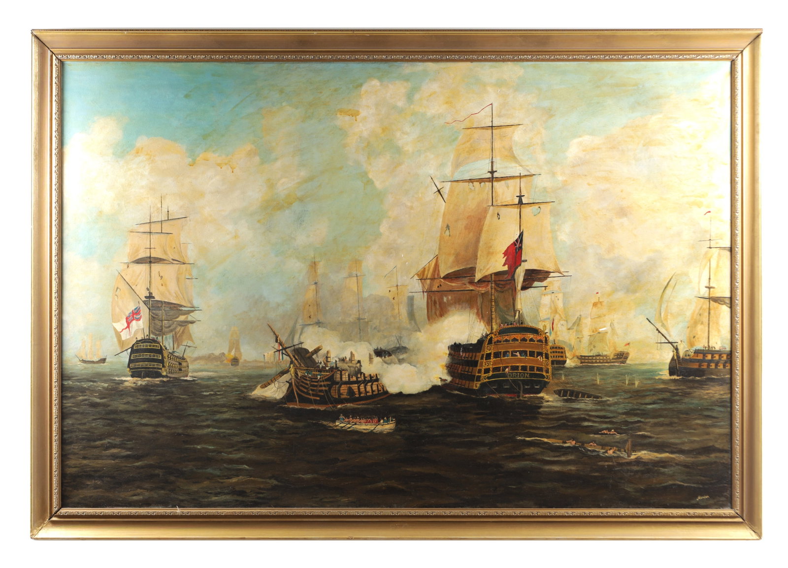 A LARGE 20TH CENTURY OIL ON CANVAS NAVAL BATTLE SCENE: A LARGE 20TH CENTURY OIL ON CANVAS NAVAL BATTLE SCENE depicting ships of the line engaged at close quarters with gun smoke and ensigns flying on a choppy sea, the composition extending to a distant
