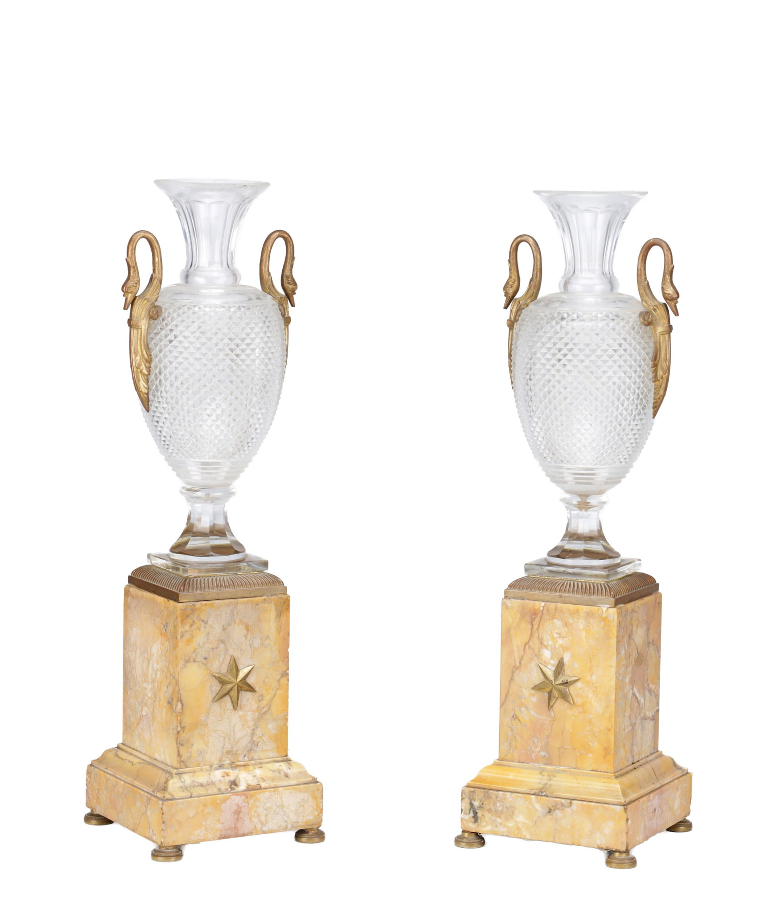 A PAIR OF FRENCH EMPIRE CUT GLASS TABLE LAMPS ON SIENNA MARBLE BASES: A PAIR OF FRENCH EMPIRE CUT GLASS TABLE LAMPS ON SIENNA MARBLE BASES (59cm high)
