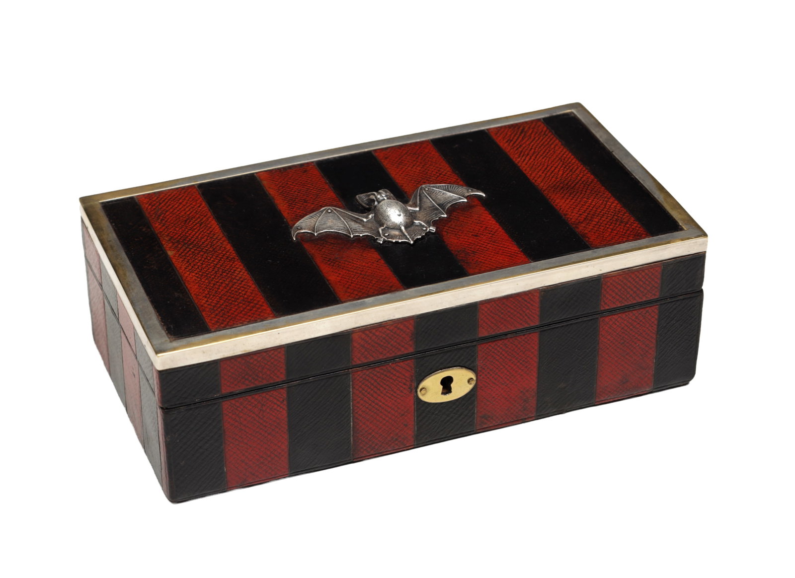 AN EARLY 20TH CENTURY STRIPED LEATHER CIGAR BOX WITH WHITE METAL BAT MOUNT (1 of 5)