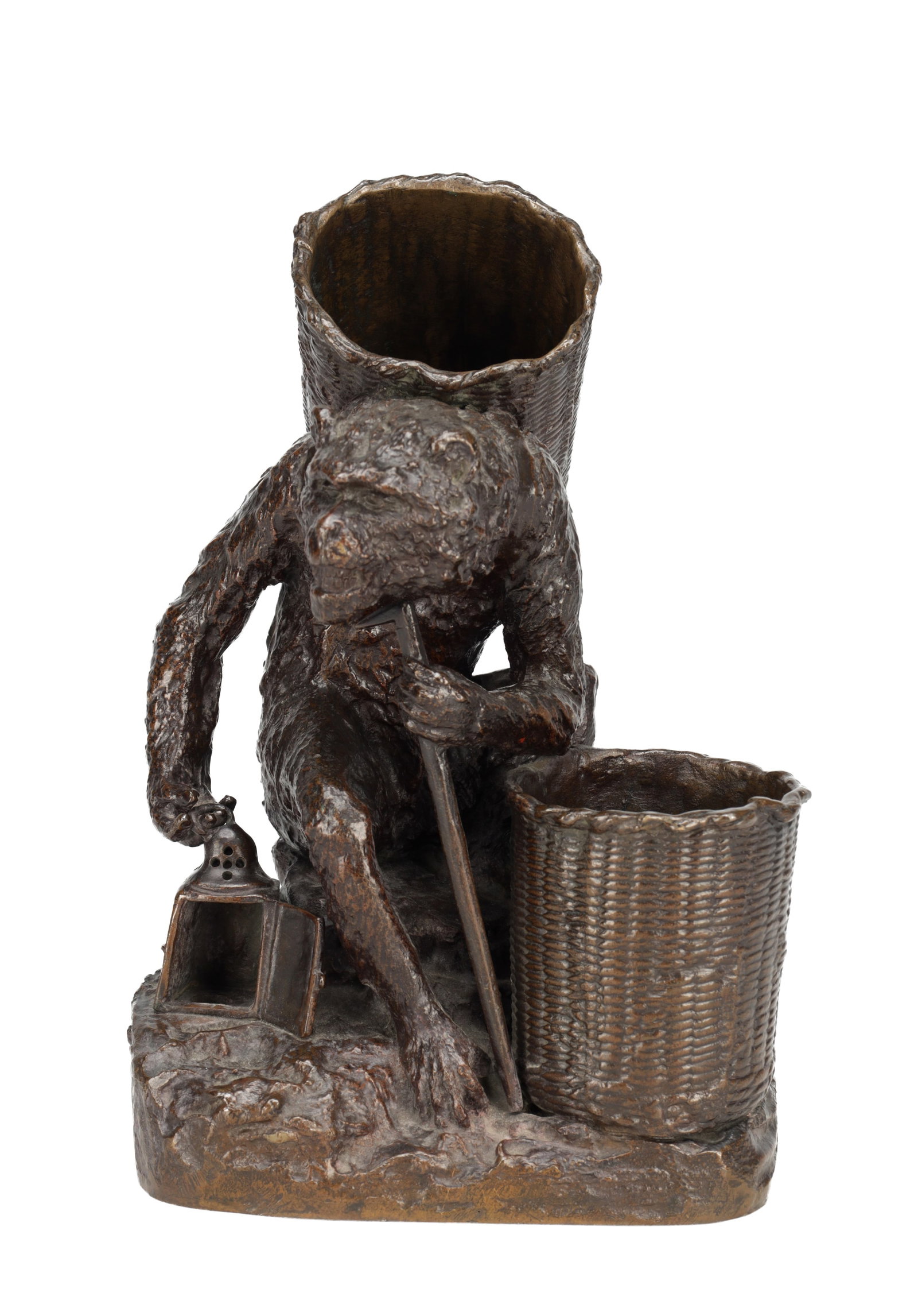 CHRISTOPHE FRATIN A 19TH CENTURY FRENCH PATINATED BRONZE 'SINGE A LA HOTTE': CHRISTOPHE FRATIN A 19TH CENTURY FRENCH PATINATED BRONZE 'SINGE A LA HOTTE' modelled as a monkey with wicker backpack and side basket, holding a staff and lantern on a naturalistic base. (24.5cm high)