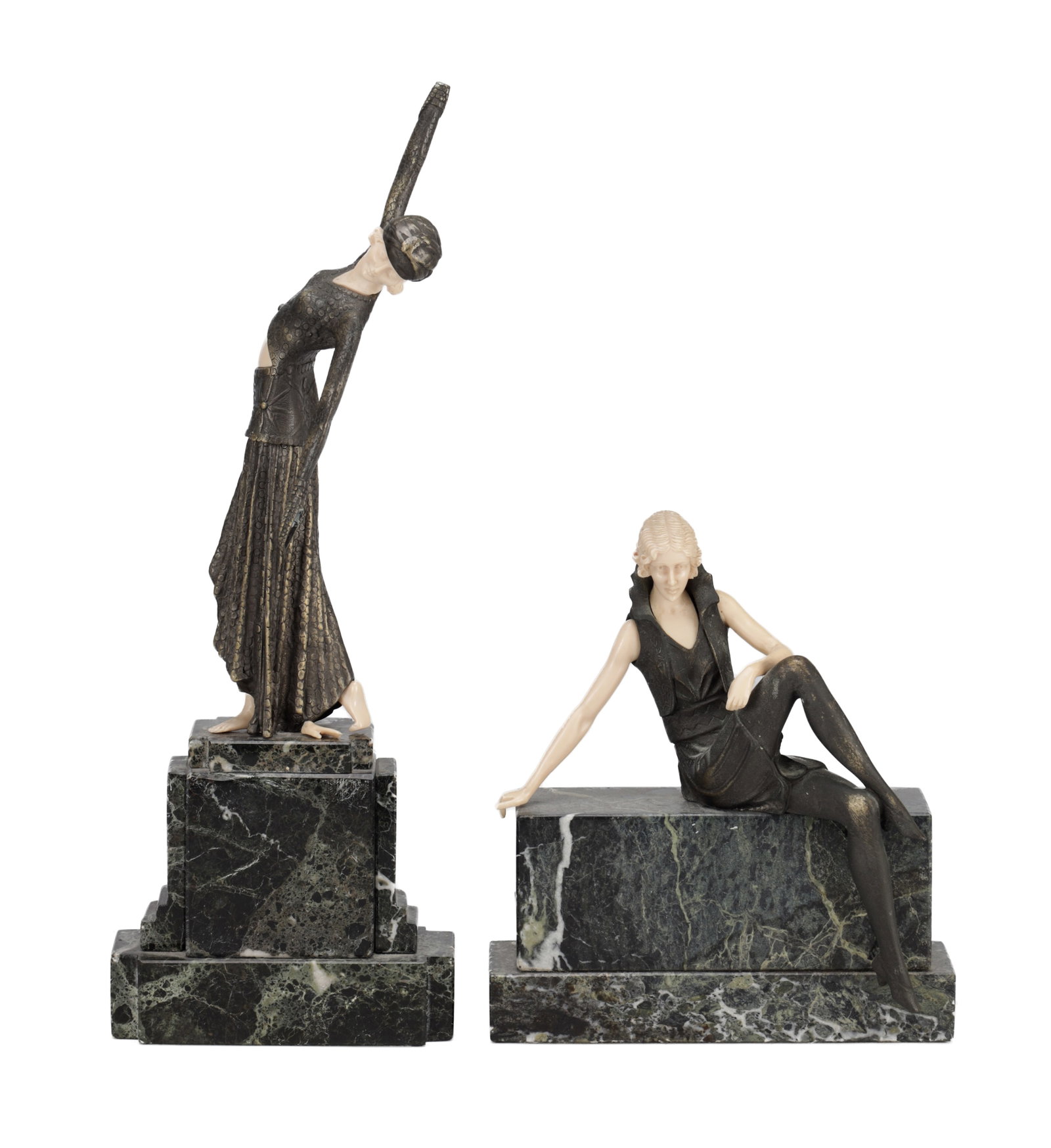 TWO 20TH CENTURY ART DECO STYLE BRONZE AND FAUX IVORY FIGURES ON VERDE ANTICO MARBLE BASES (1 of 12)
